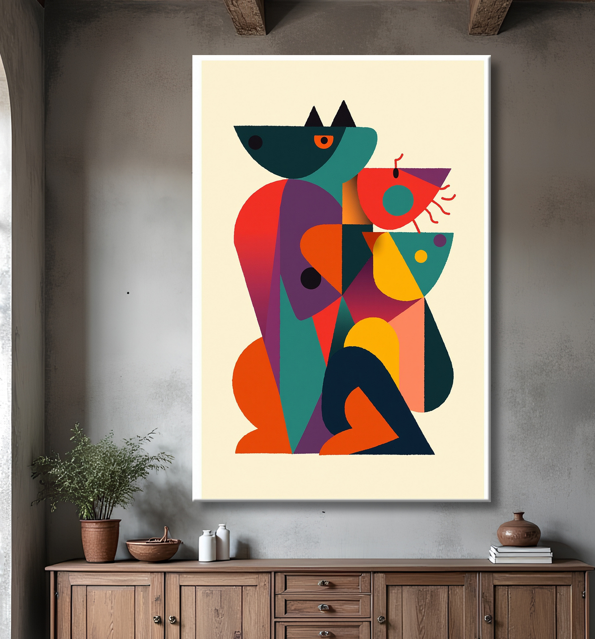 Tableau affiche minimaliste chat géométrique moderne  avec decor