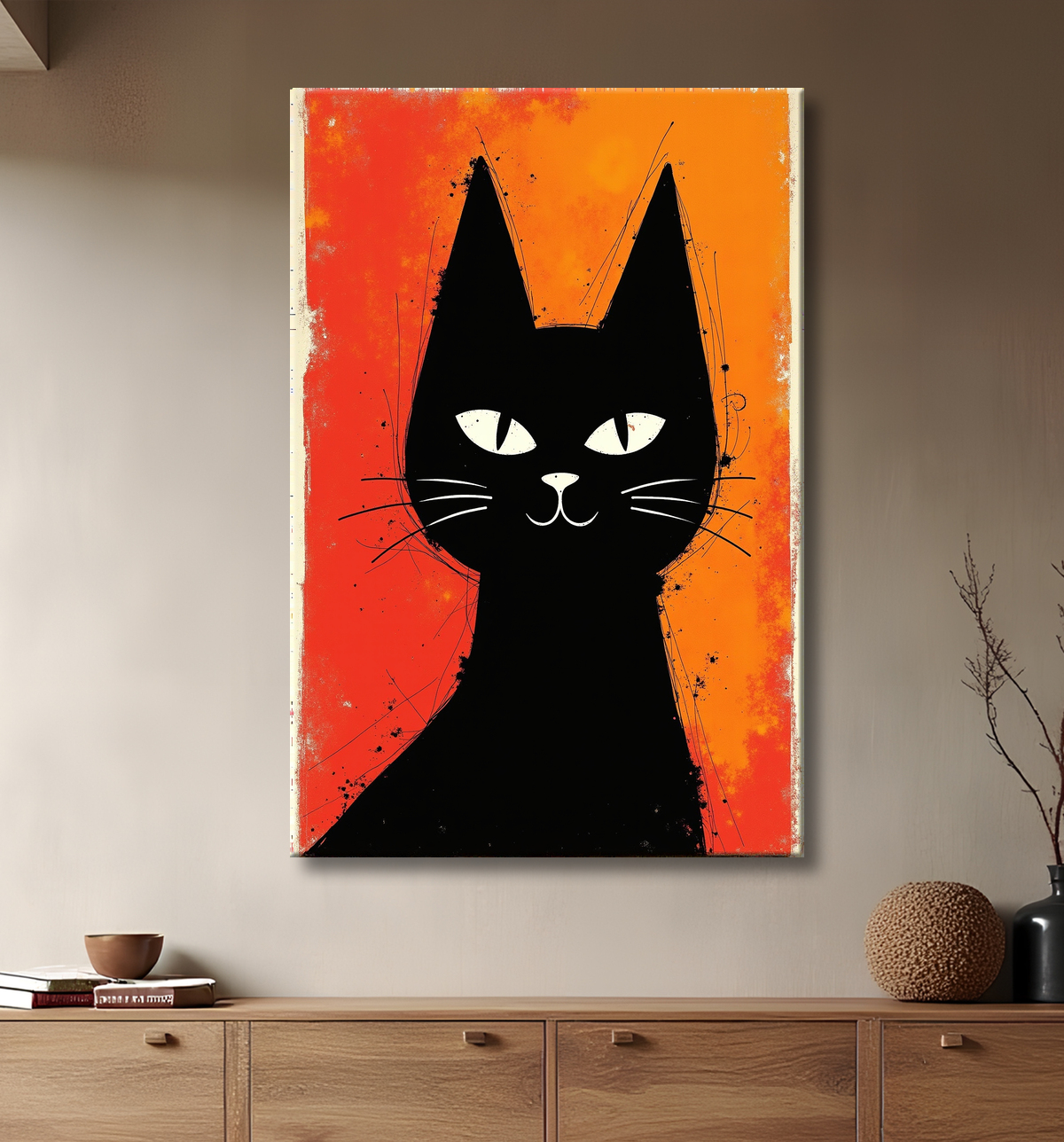 Tableau minimaliste représentant un chat stylisé avec des formes géométriques audacieuses et des couleurs vives. Idéal pour une décoration contemporaine ou d'inspiration nordique.