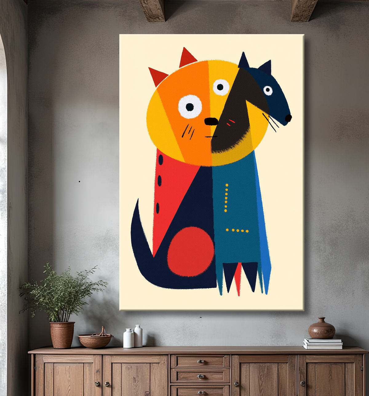Tableau affiche minimaliste chat géométrique moderne  avec decor