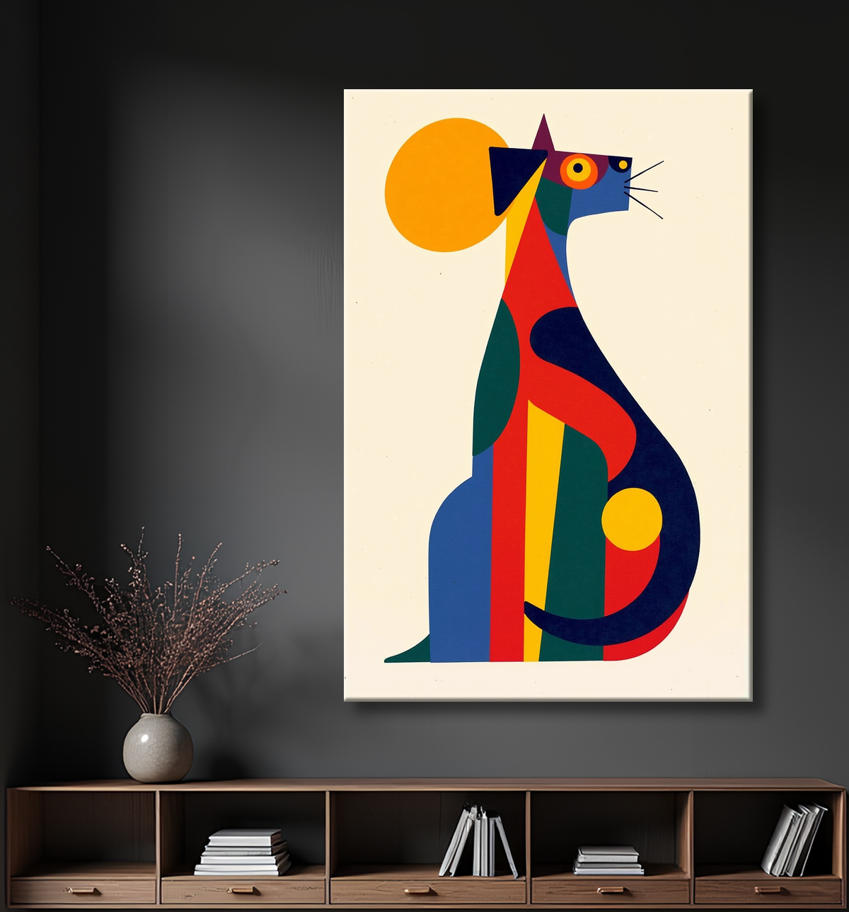 Tableau affiche minimaliste chat géométrique moderne  avec decor