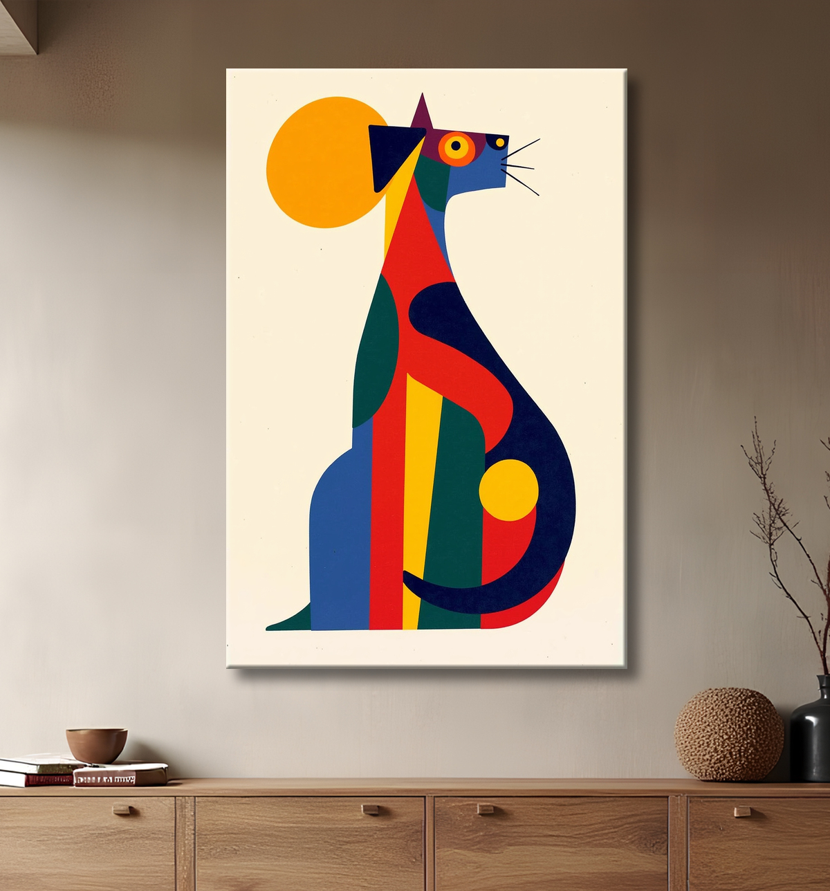 Tableau affiche minimaliste chat géométrique moderne  avec decor
