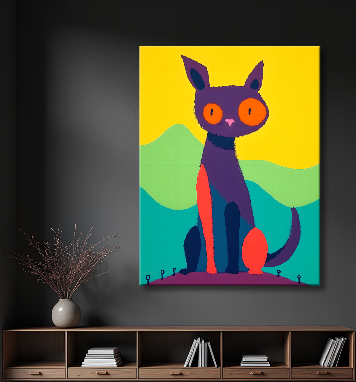 Tableau minimaliste représentant un chat stylisé avec des formes géométriques audacieuses et des couleurs vives. Idéal pour une décoration contemporaine ou d'inspiration nordique.