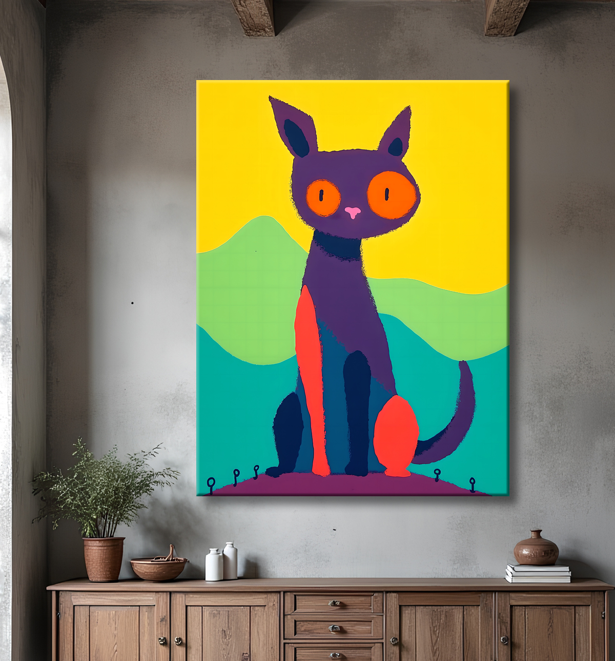 Tableau affiche minimaliste chat géométrique moderne  avec decor