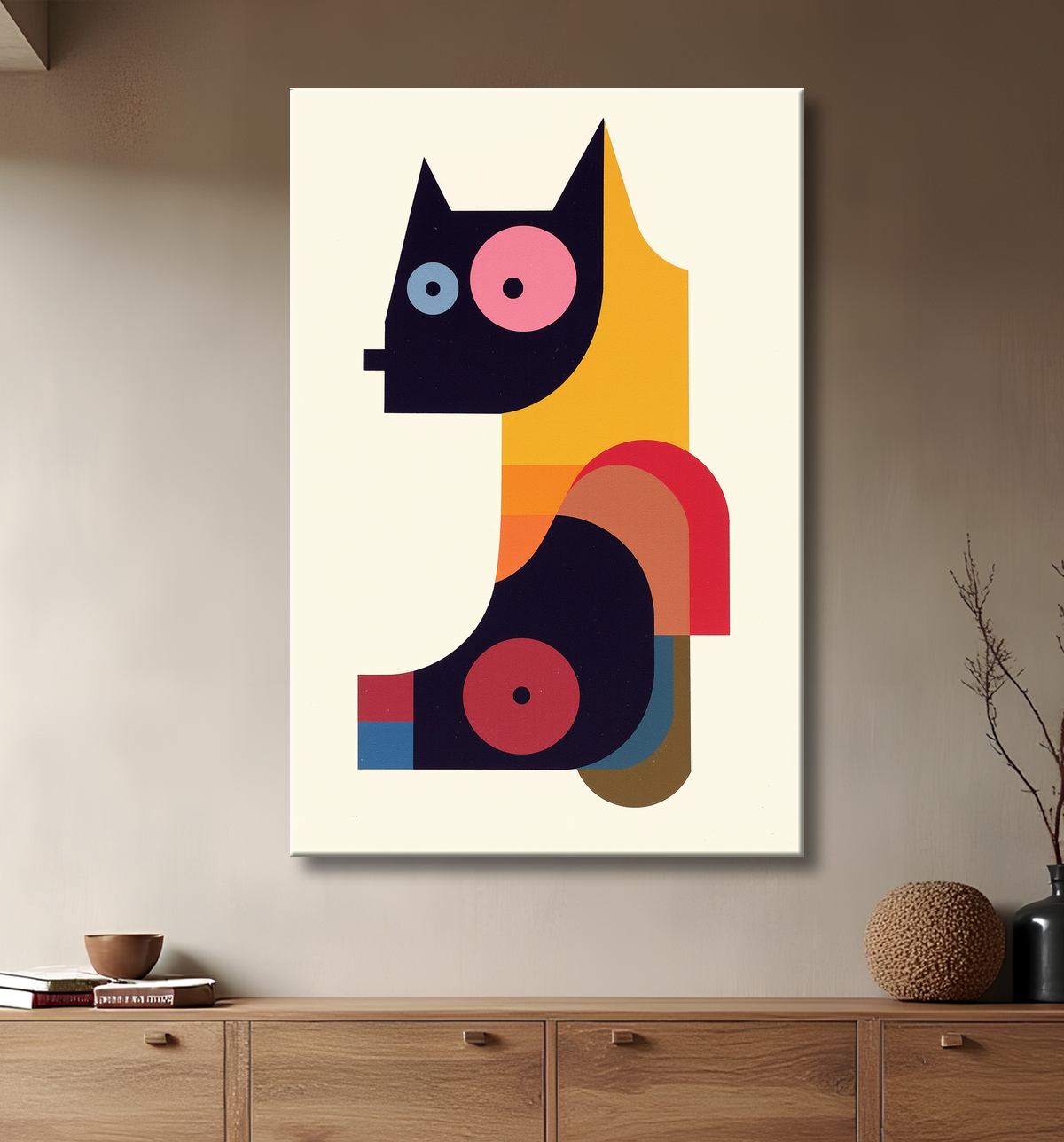 Tableau affiche minimaliste chat géométrique moderne  avec decor