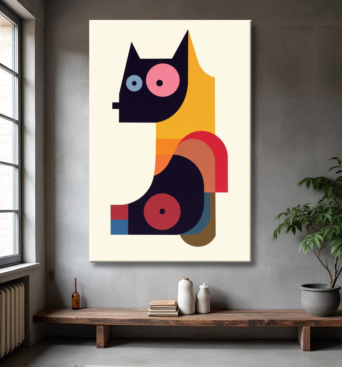 Tableau affiche minimaliste chat géométrique moderne  avec decor