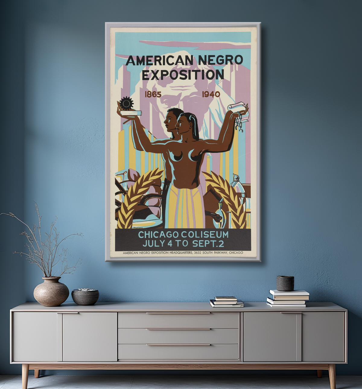 Reproduction Affiche pour l'American Negro Exposition à Chicago de Robert Savon Pious, American, 1908 - 1983 avec decor