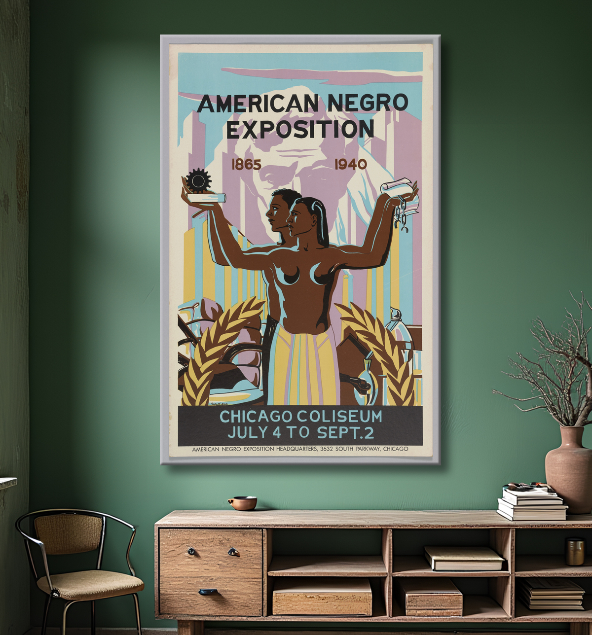Reproduction Affiche pour l'American Negro Exposition à Chicago de Robert Savon Pious, American, 1908 - 1983 avec decor