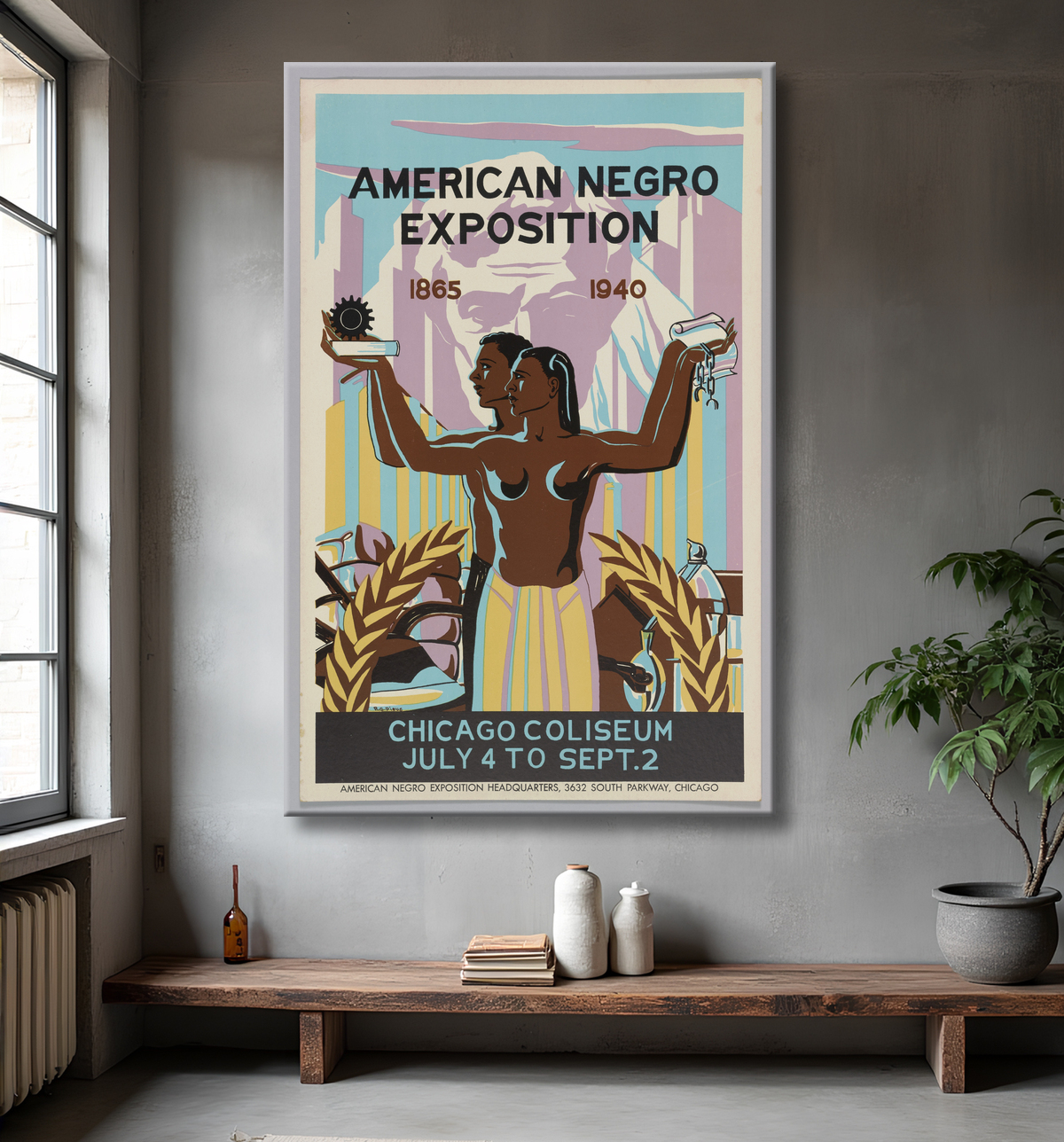 Reproduction Affiche pour l'American Negro Exposition à Chicago de Robert Savon Pious, American, 1908 - 1983 avec decor