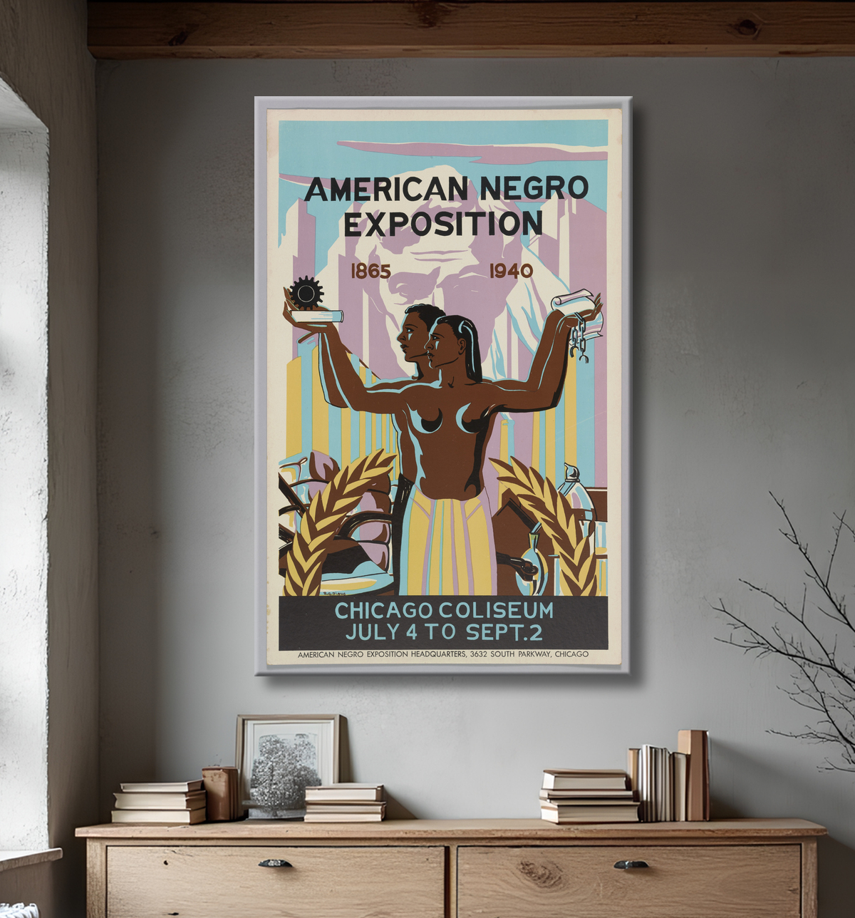 Reproduction Affiche pour l'American Negro Exposition à Chicago de Robert Savon Pious, American, 1908 - 1983 avec decor