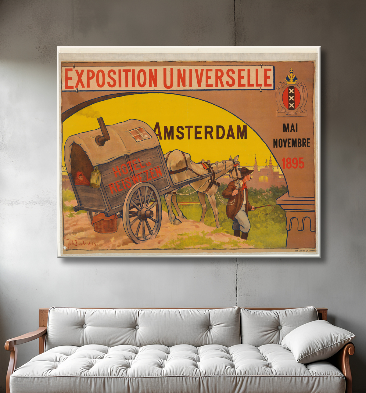 Reproduction Affiche pour l'Exposition universelle de l'hôtellerie et de l'industrie du voyage à Amsterdam, 1895 de Johan Braakensiek avec decor