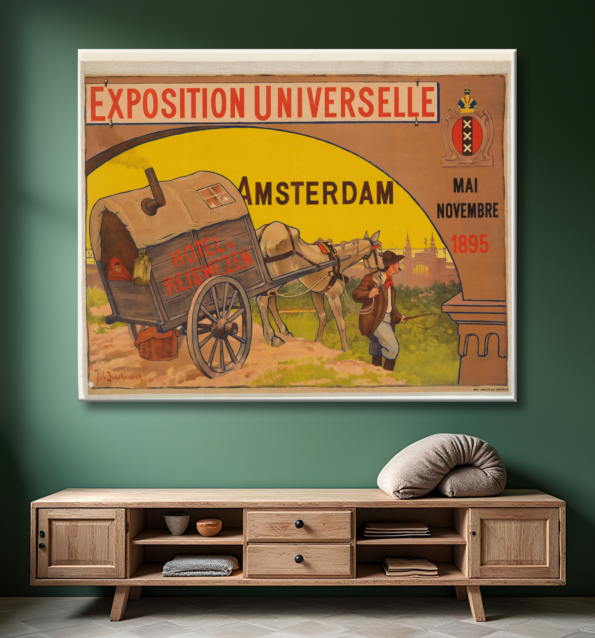 Reproduction Affiche pour l'Exposition universelle de l'hôtellerie et de l'industrie du voyage à Amsterdam, 1895 de Johan Braakensiek avec decor