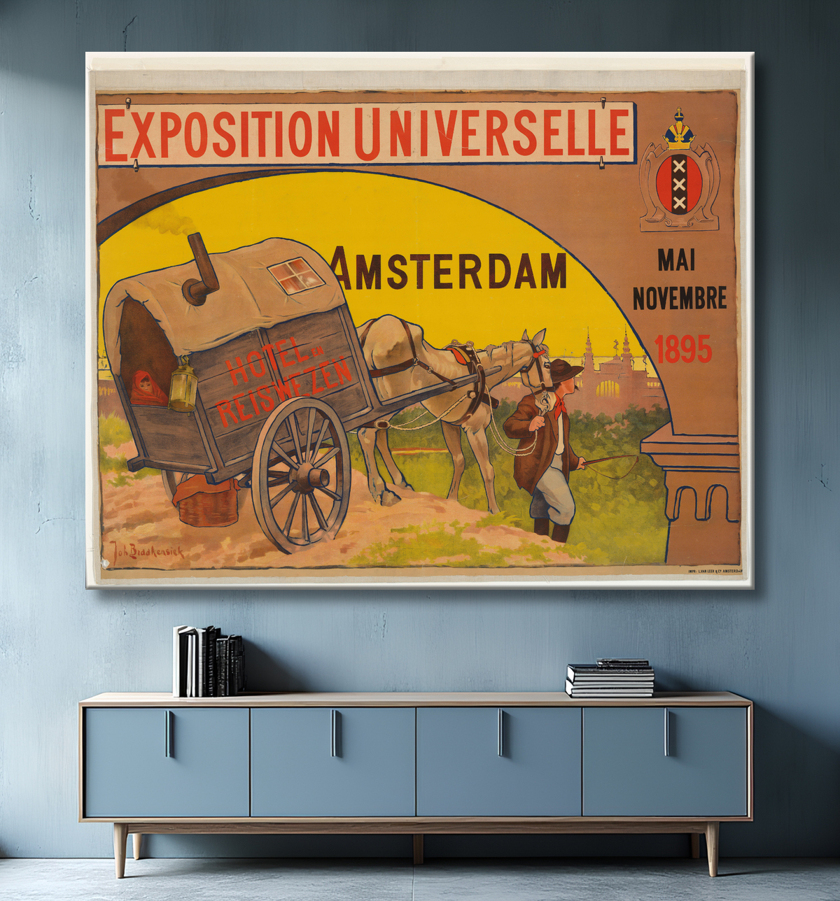 Reproduction Affiche pour l'Exposition universelle de l'hôtellerie et de l'industrie du voyage à Amsterdam, 1895 de Johan Braakensiek avec decor
