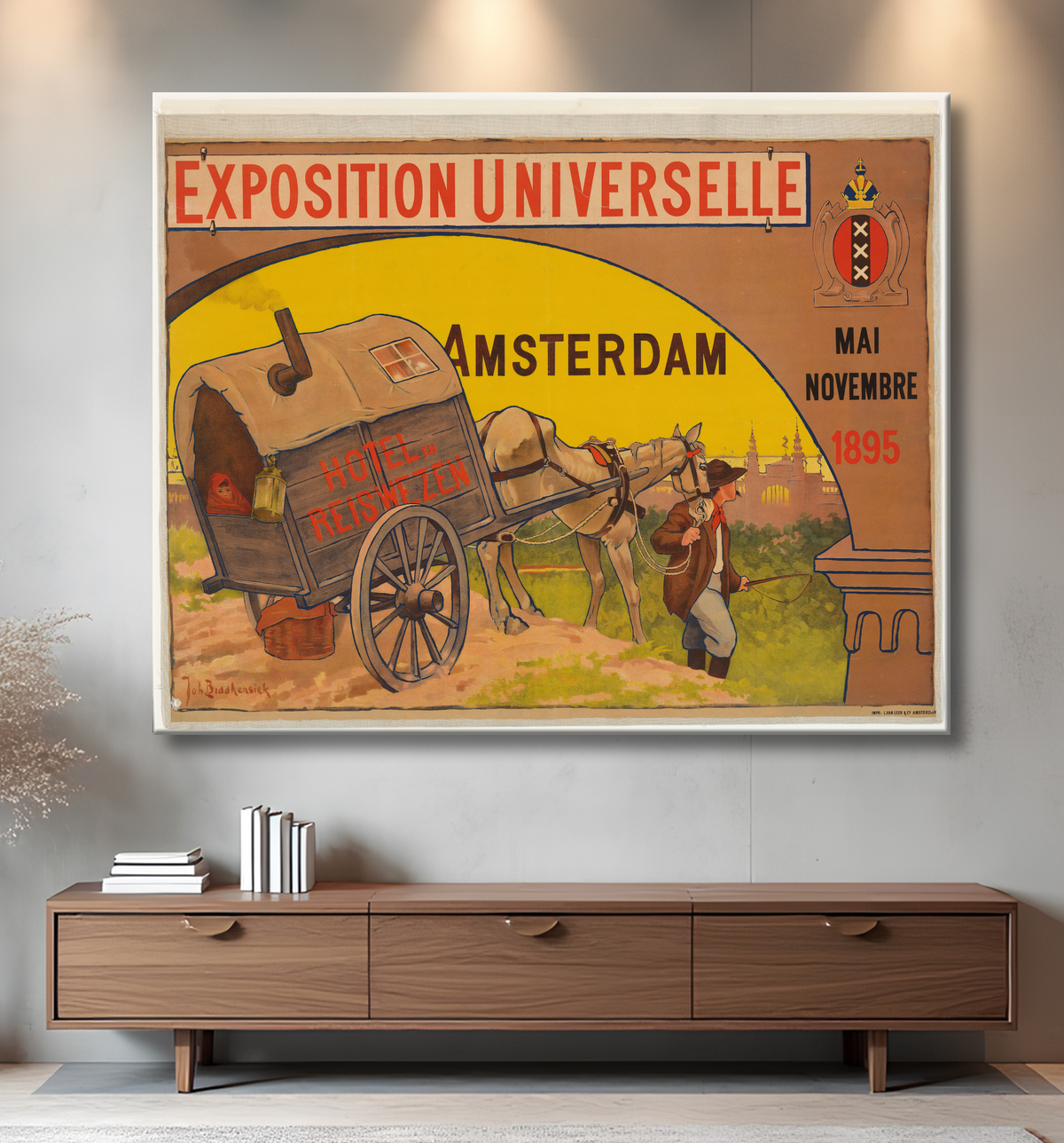 Reproduction Affiche pour l'Exposition universelle de l'hôtellerie et de l'industrie du voyage à Amsterdam, 1895 de Johan Braakensiek avec decor