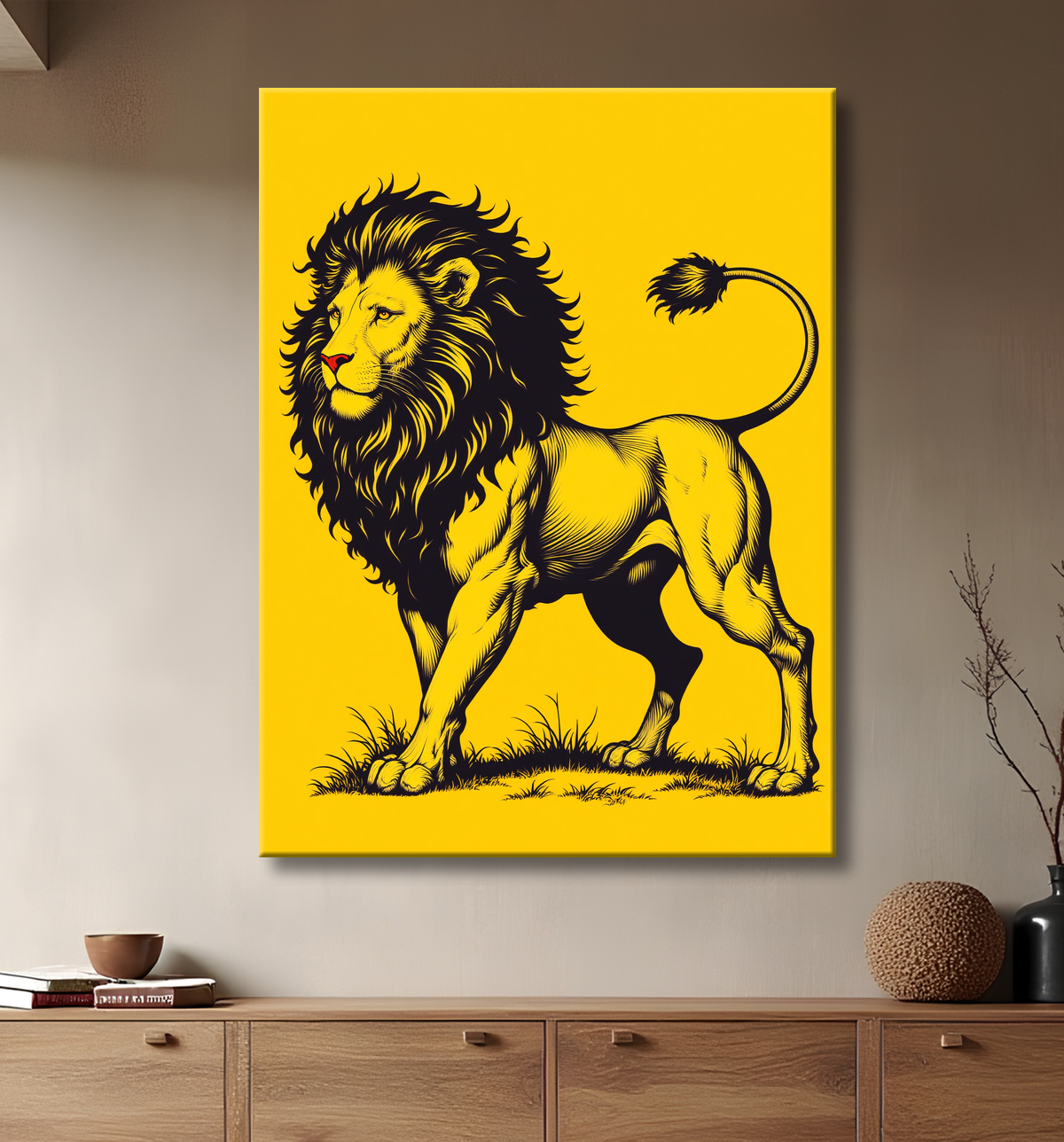 Tableau d'un lion stylisé sur fond jaune vif avec decor