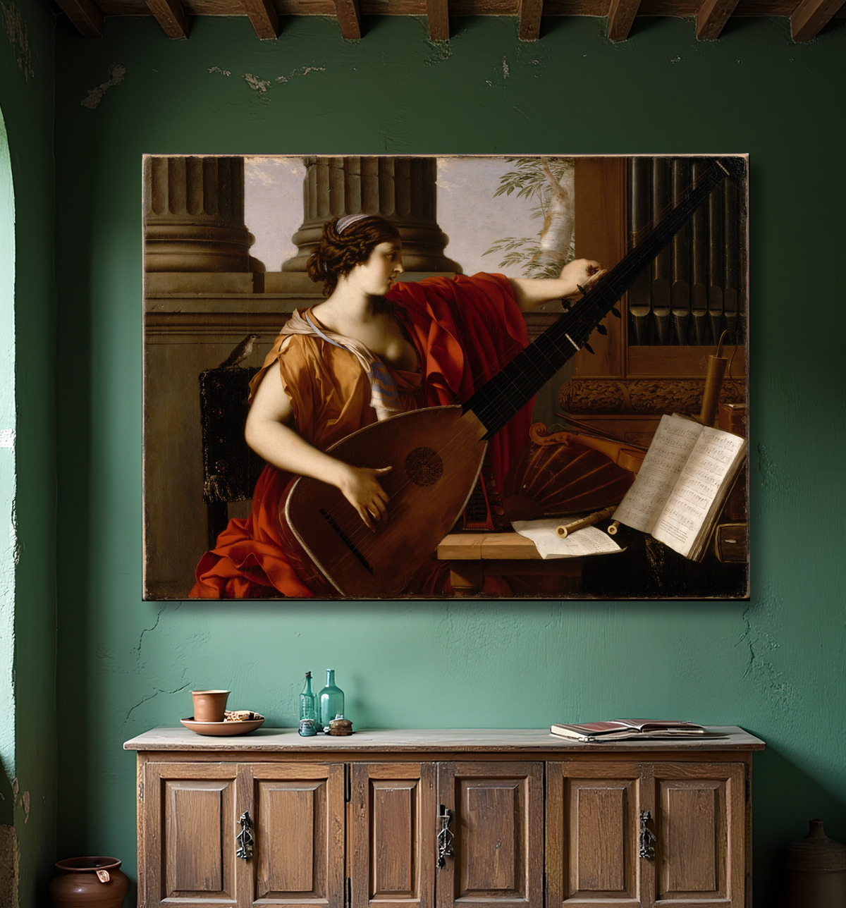 Reproduction Allégorie de la musique de Laurent de La Hyre avec decor
