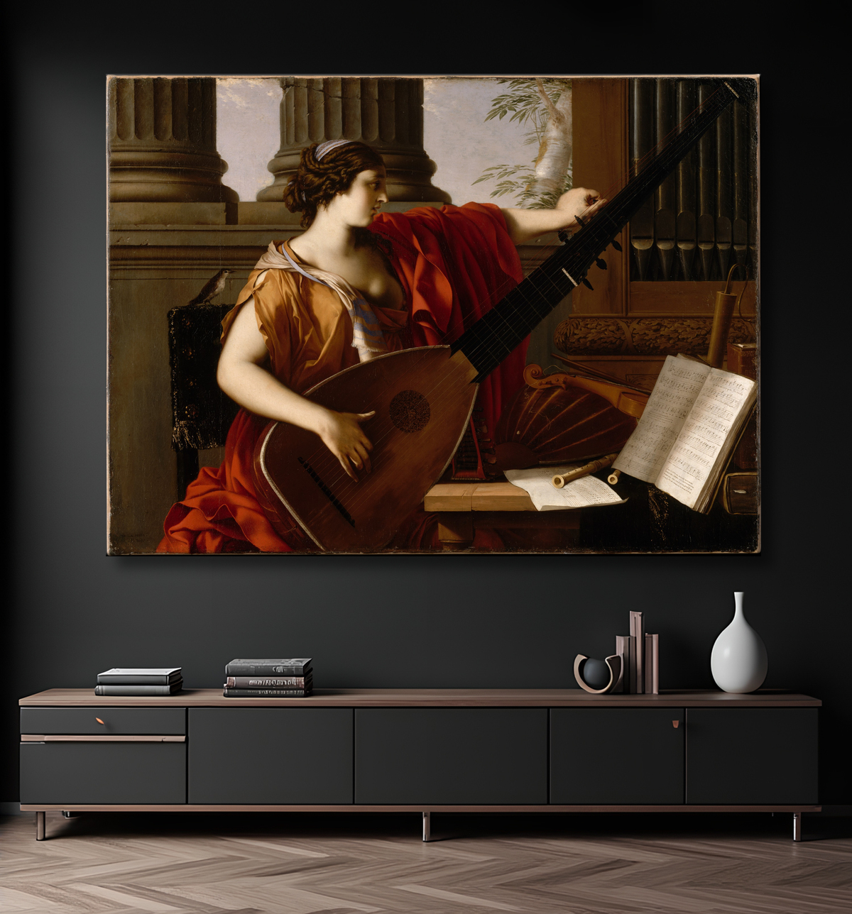 Reproduction Allégorie de la musique de Laurent de La Hyre avec decor