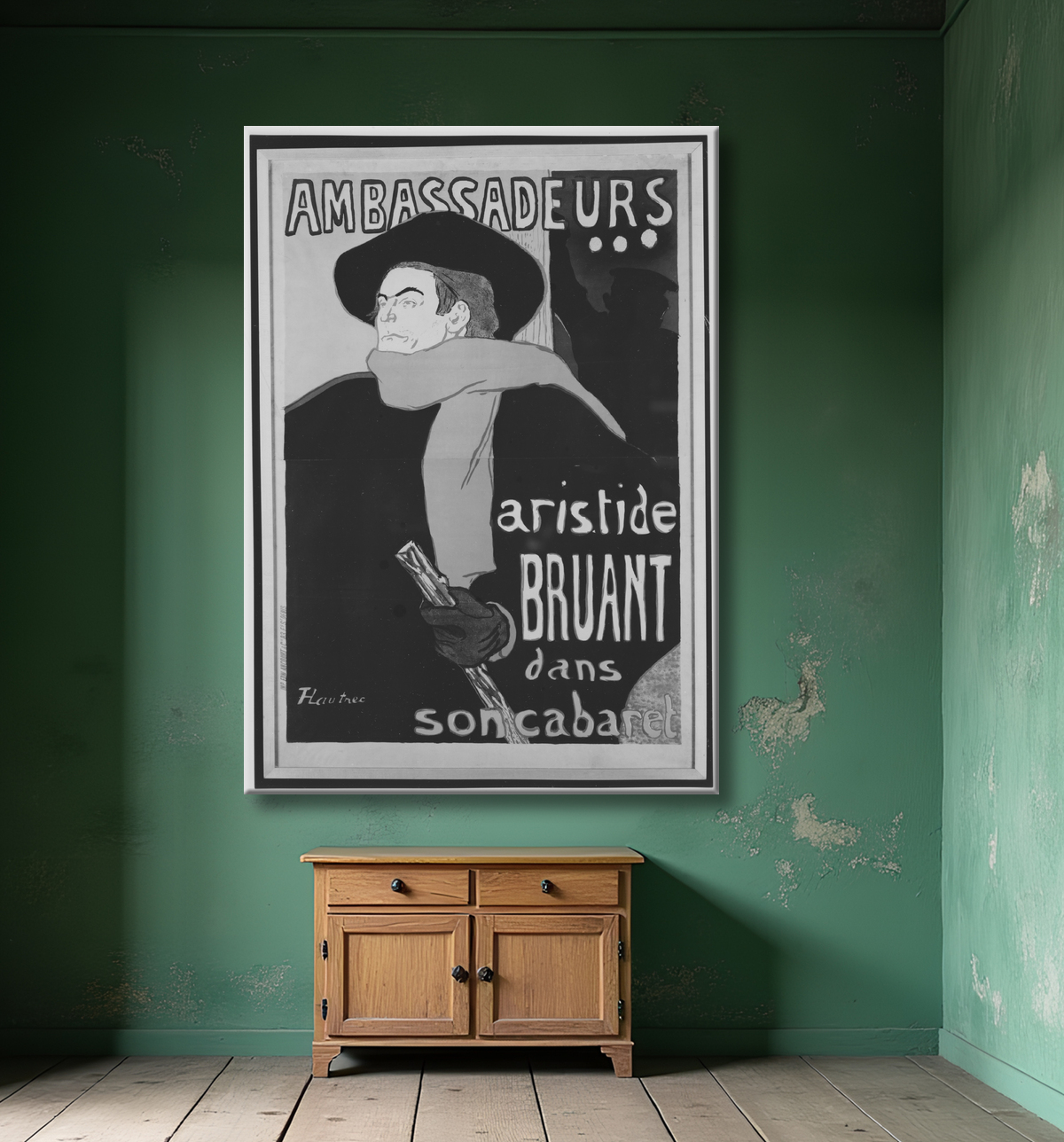 Reproduction Ambassadeurs:  Aristide Bruant de Henri de Toulouse-Lautrec avec decor