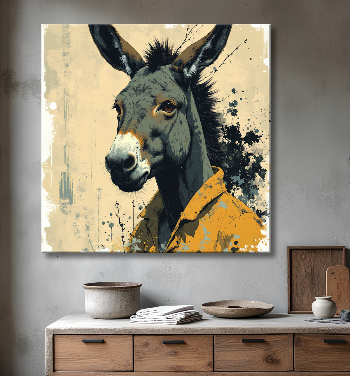 Tableau âne moderne - Peinture animalière expressive et graphique avec decor
