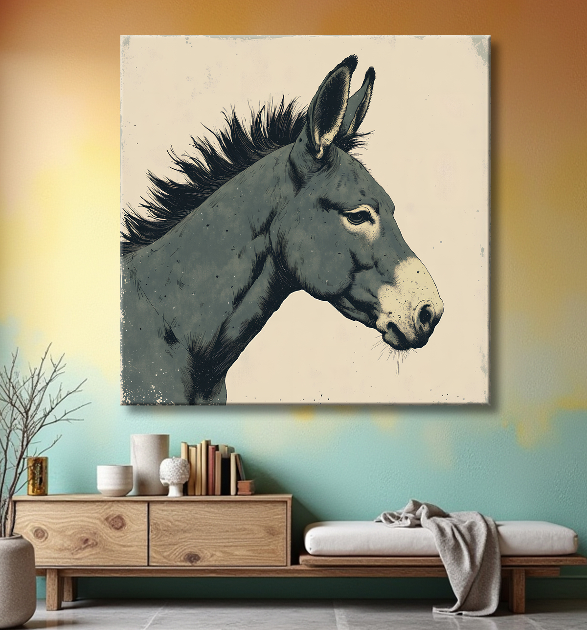 Tableau âne moderne - Peinture animalière expressive et graphique avec decor