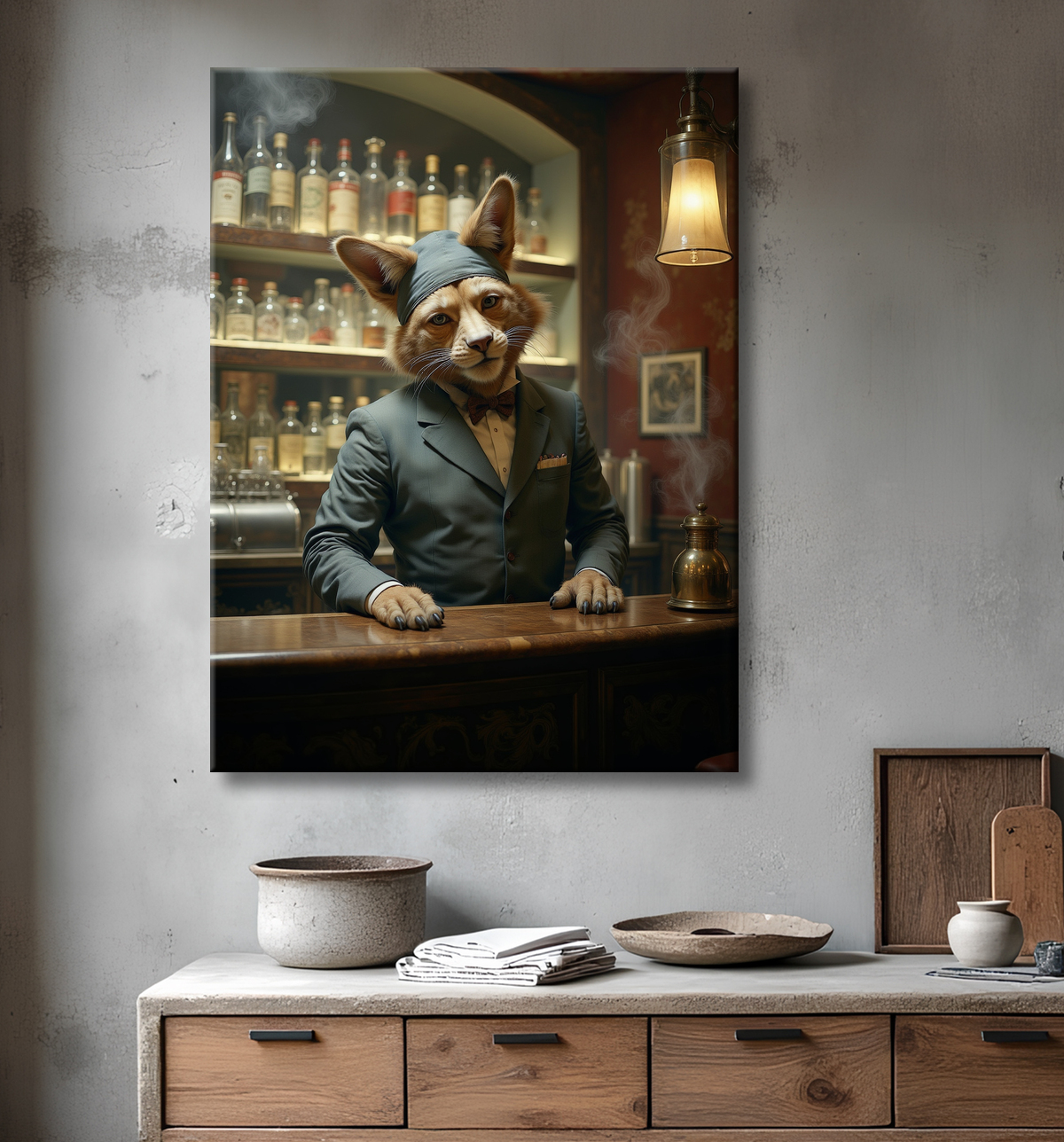 Tableau d'un canidé serveur de bar vintage avec decor