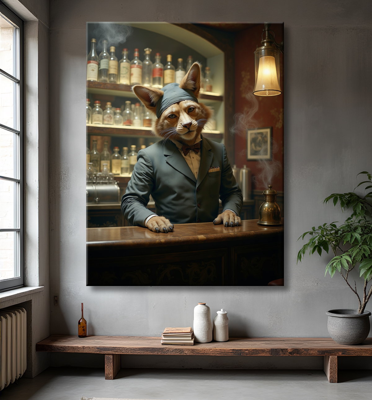 Tableau d'un canidé serveur de bar vintage avec decor