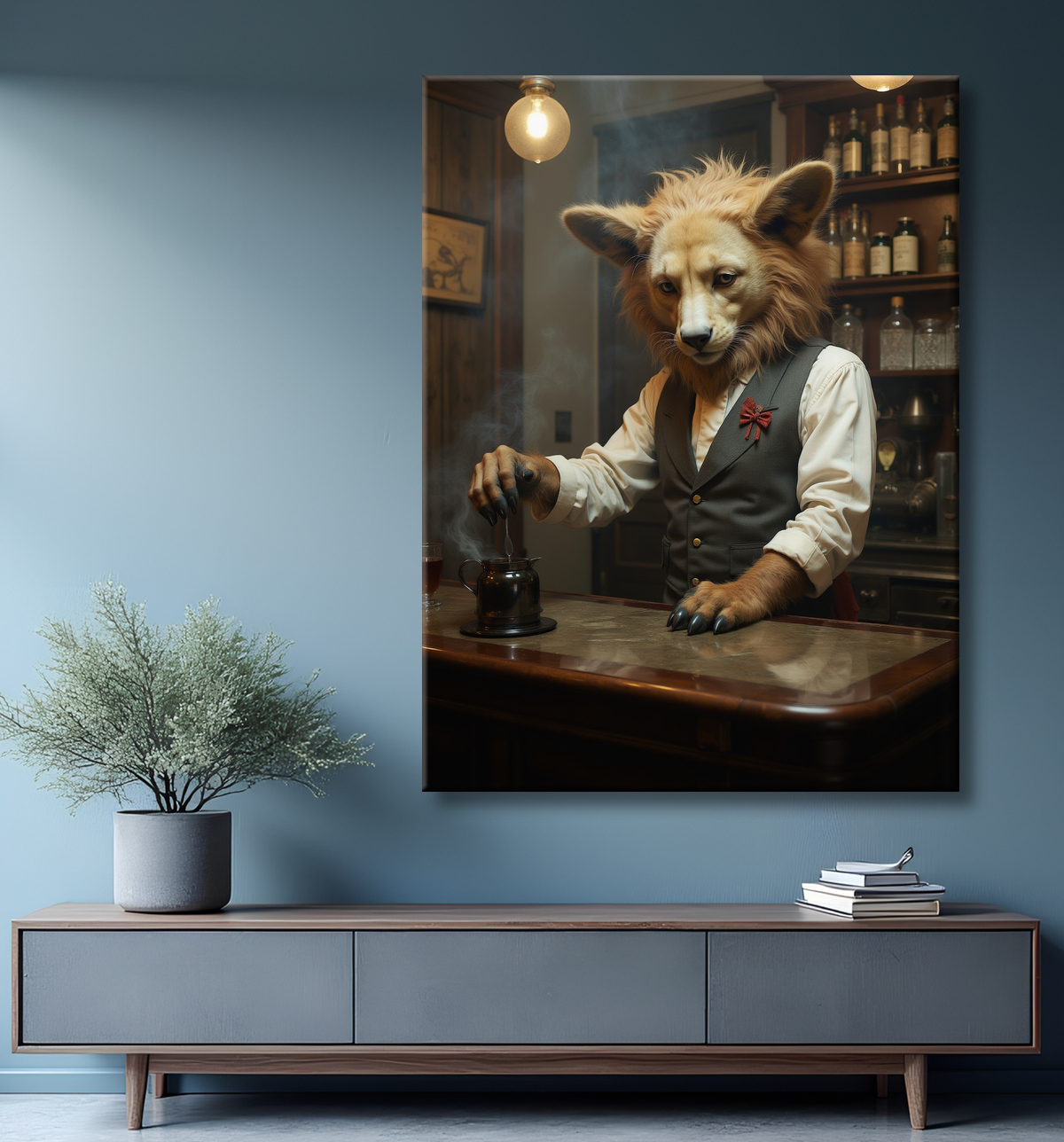 Tableau d'un canidé serveur de bar vintage avec decor