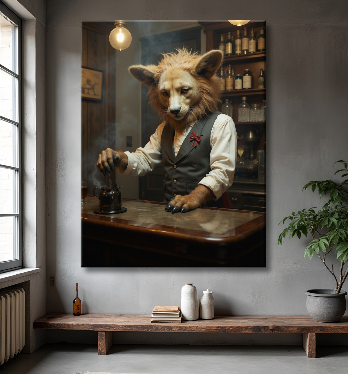 Tableau d'un canidé serveur de bar vintage avec decor