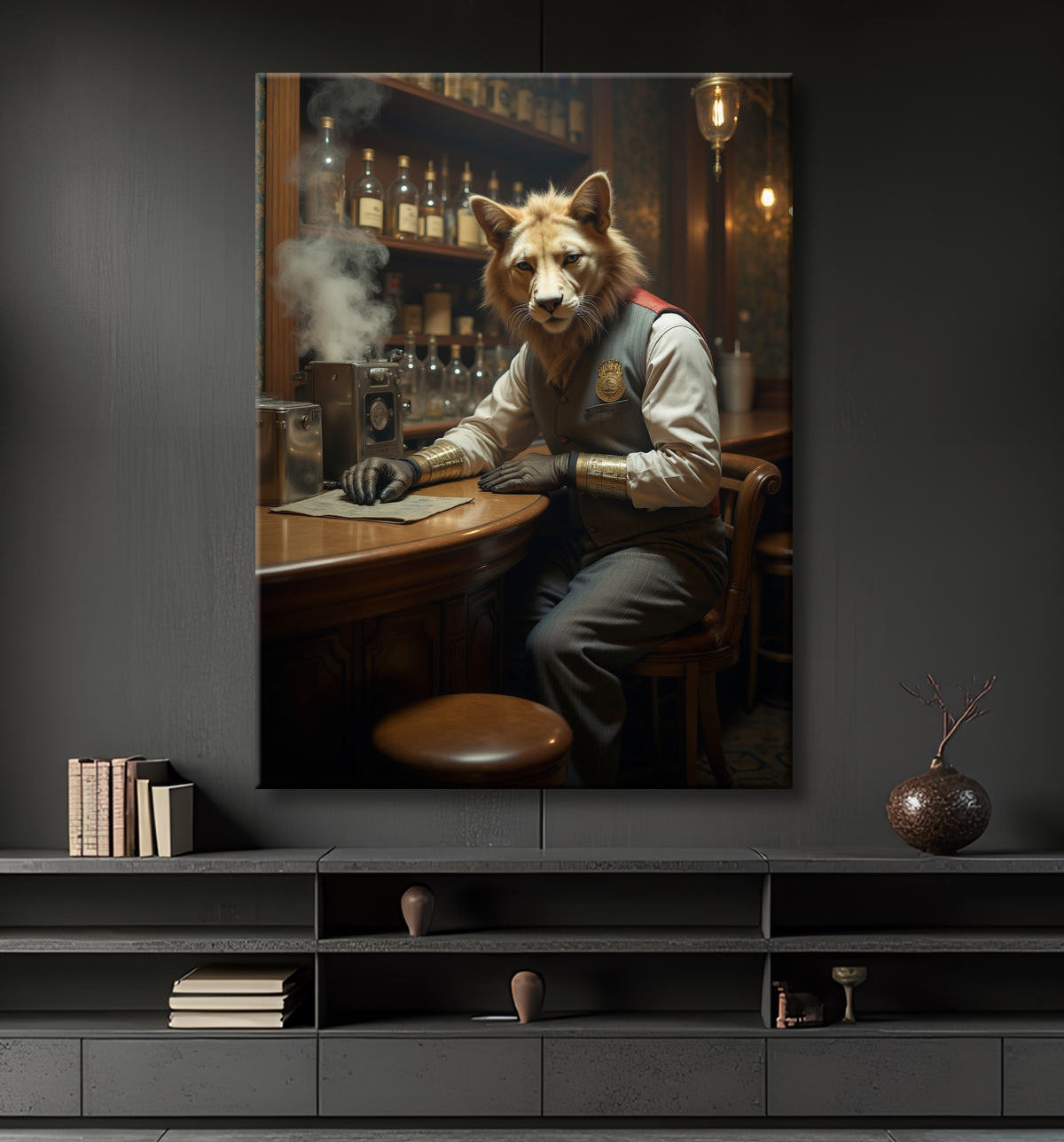 Tableau d'un canidé serveur de bar vintage avec decor