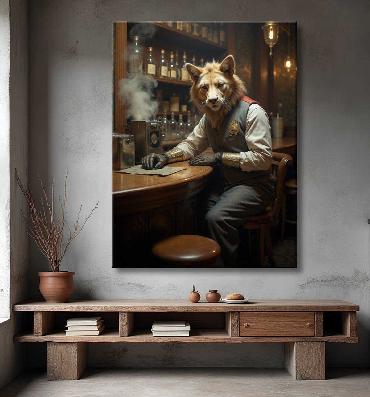 Tableau d'un canidé serveur de bar vintage avec decor