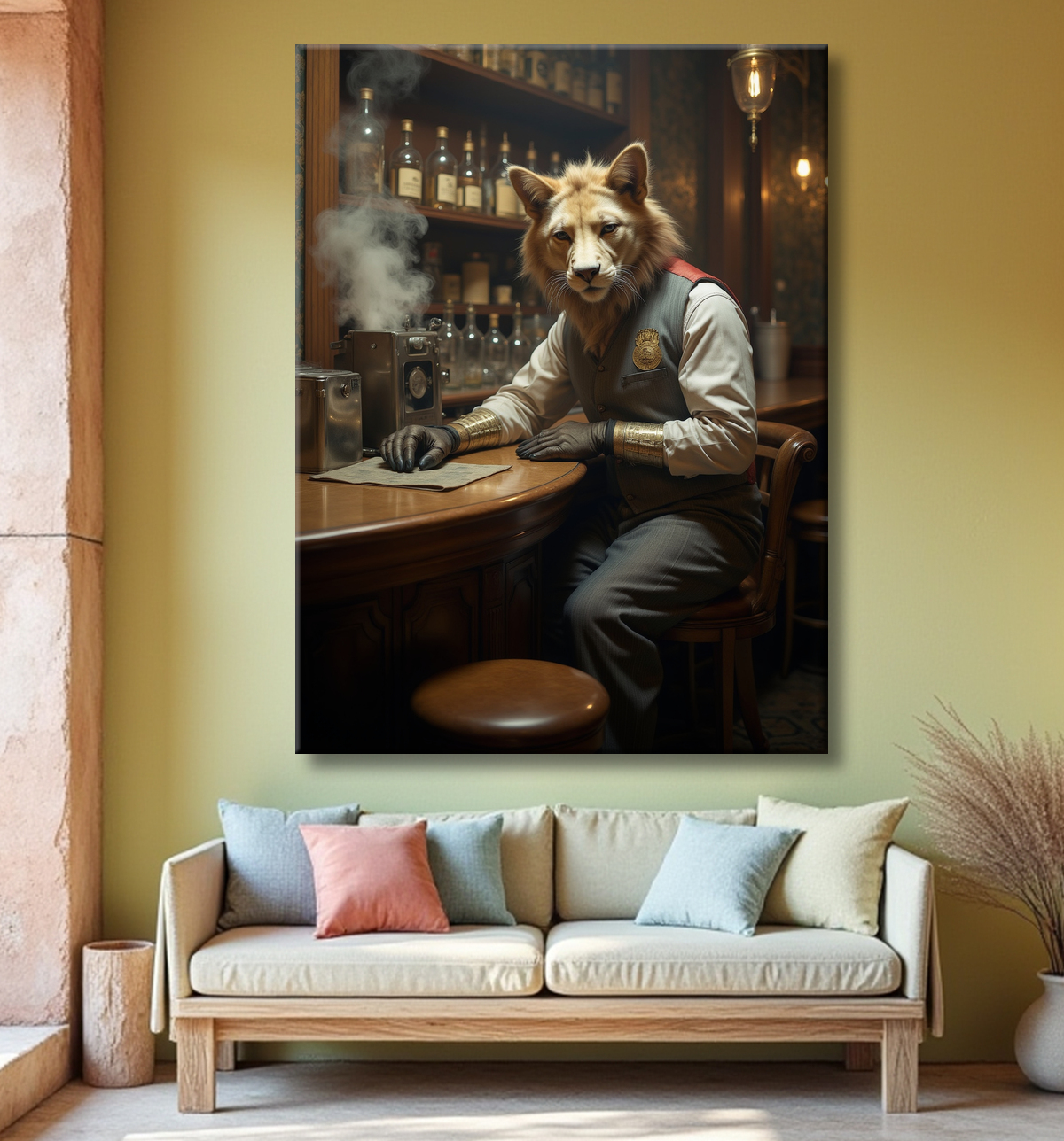 Tableau d'un canidé serveur de bar vintage avec decor