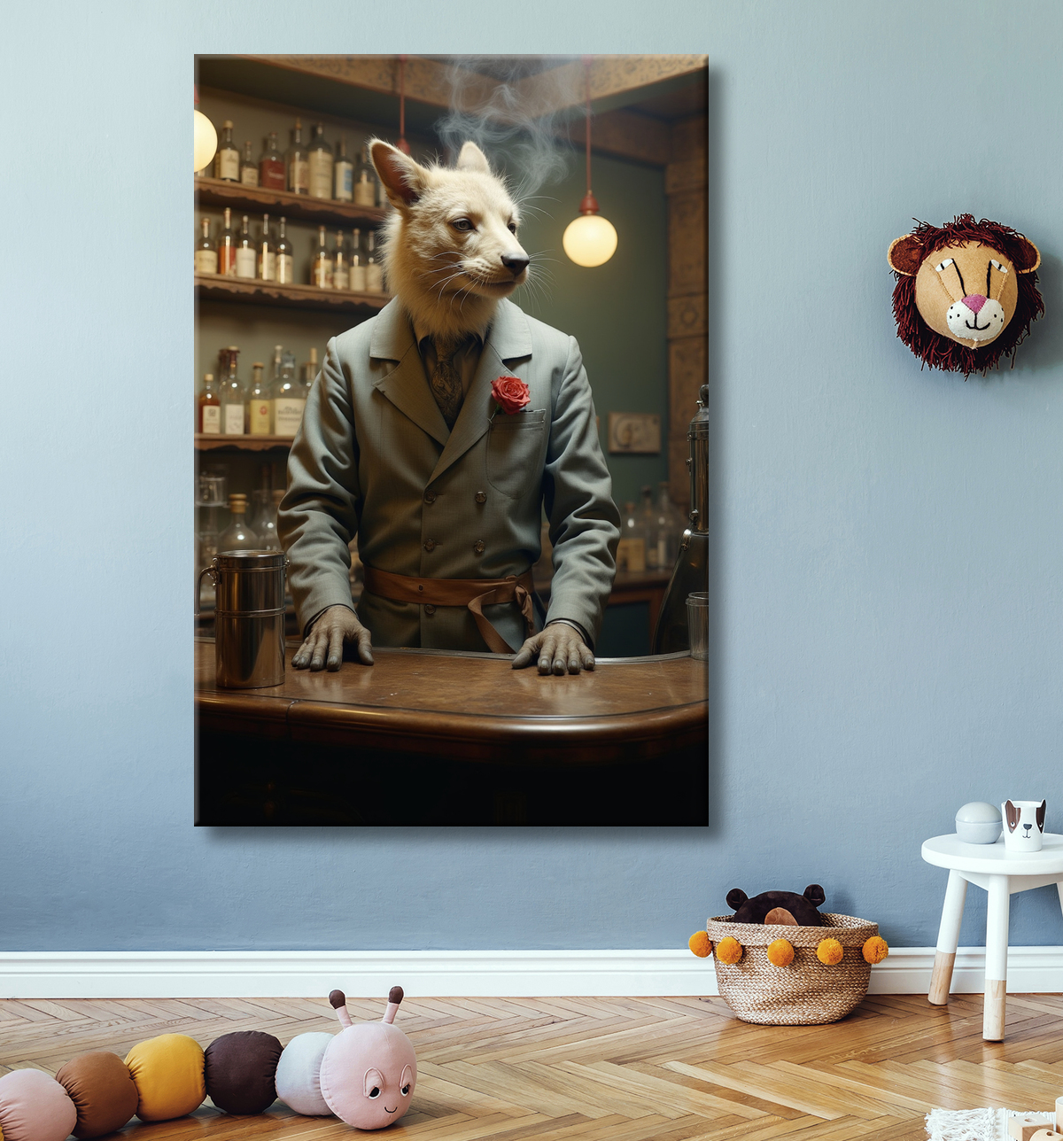 Tableau d'un canidé serveur de bar vintage avec decor