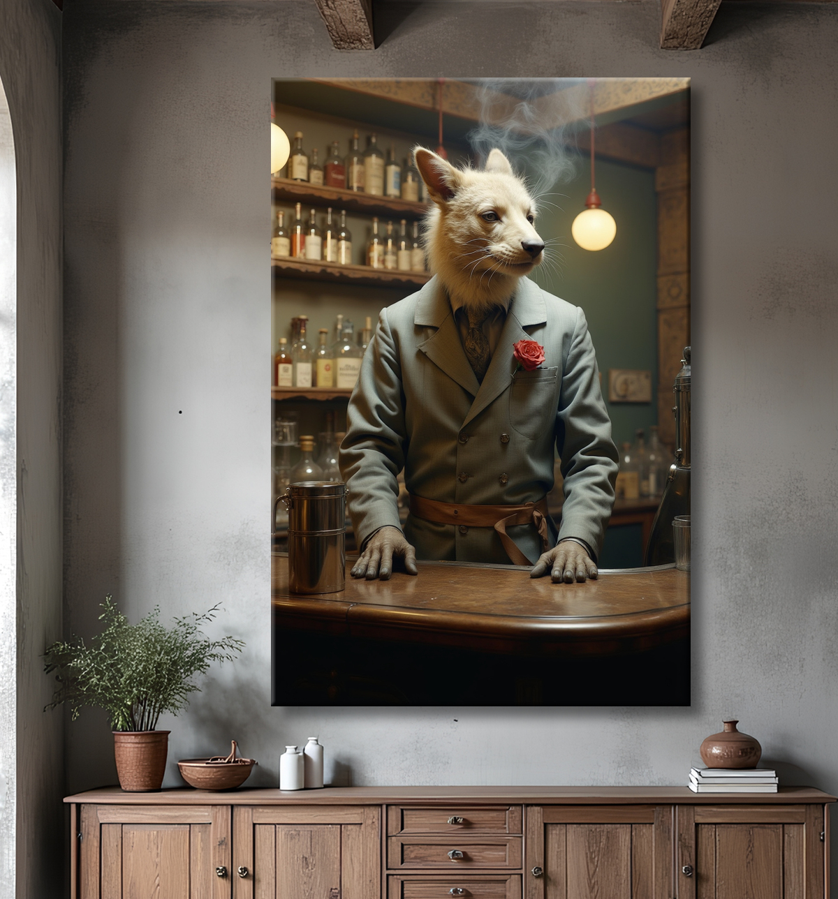 Tableau d'un canidé serveur de bar vintage avec decor