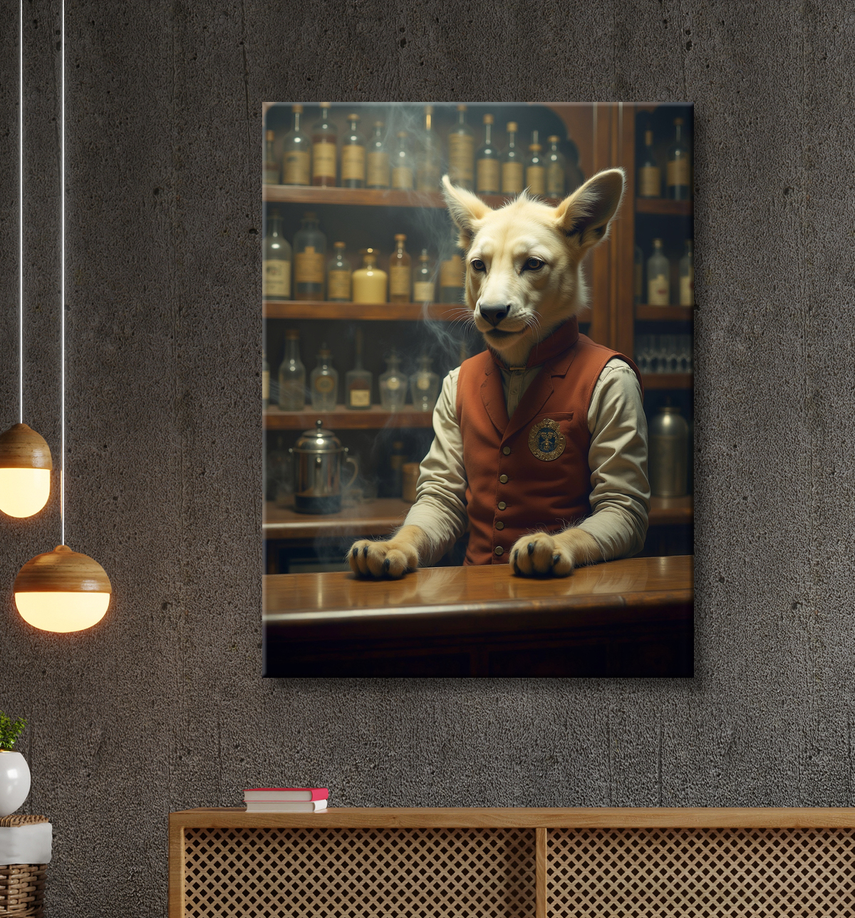 Tableau d'un canidé serveur de bar vintage avec decor