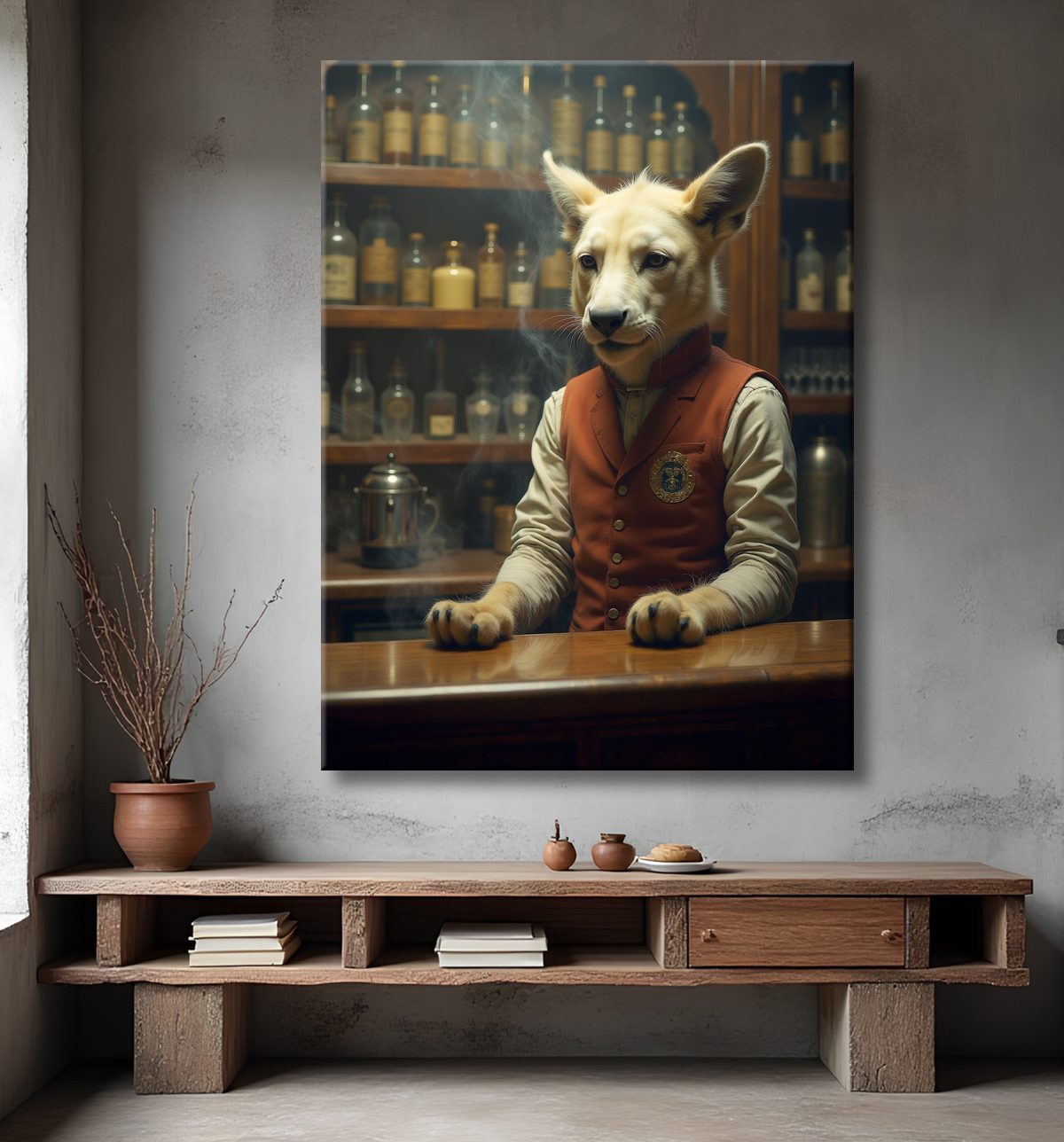 Tableau d'un canidé serveur de bar vintage avec decor