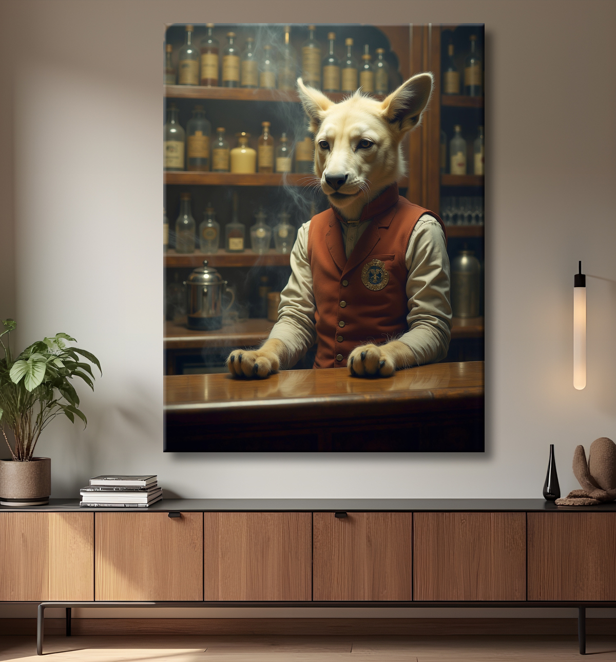Tableau d'un canidé serveur de bar vintage avec decor