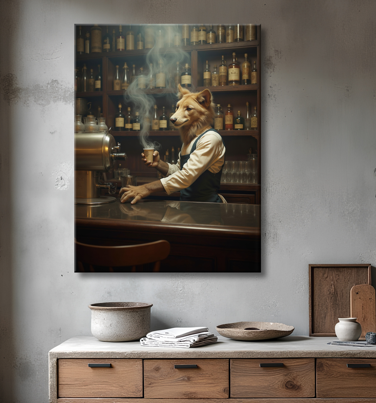 Tableau d'un canidé serveur de bar vintage avec decor