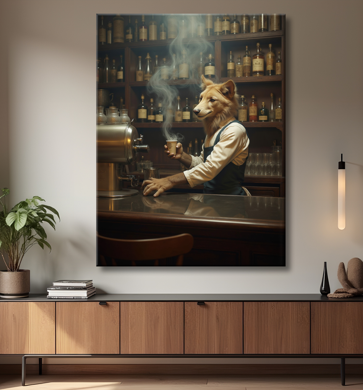 Tableau d'un canidé serveur de bar vintage avec decor