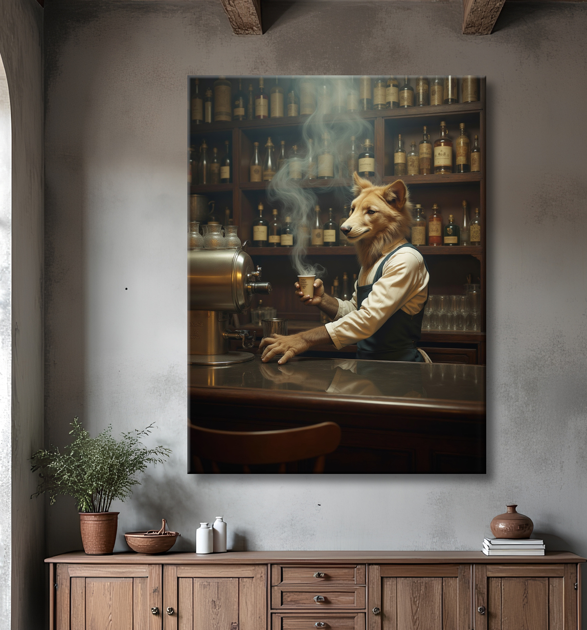 Tableau d'un canidé serveur de bar vintage avec decor