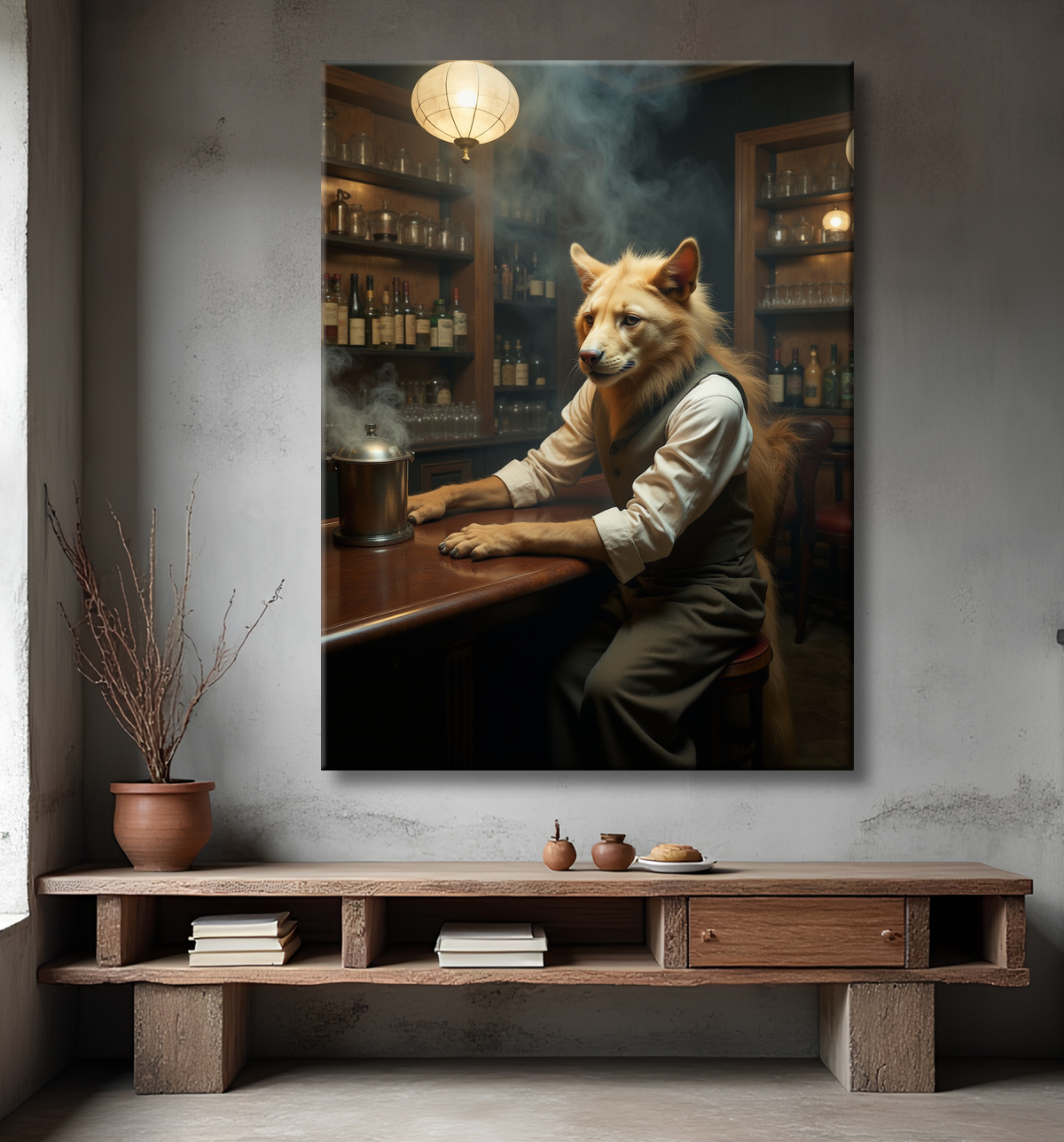 Tableau d'un canidé serveur de bar vintage avec decor
