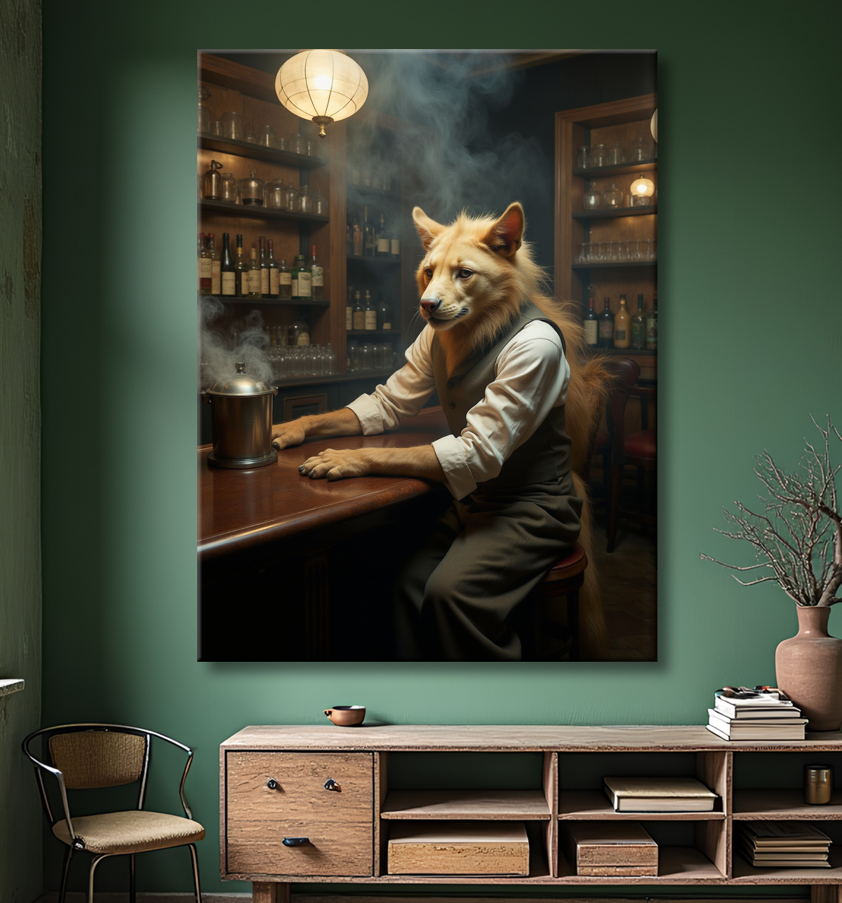 Tableau d'un canidé serveur de bar vintage avec decor