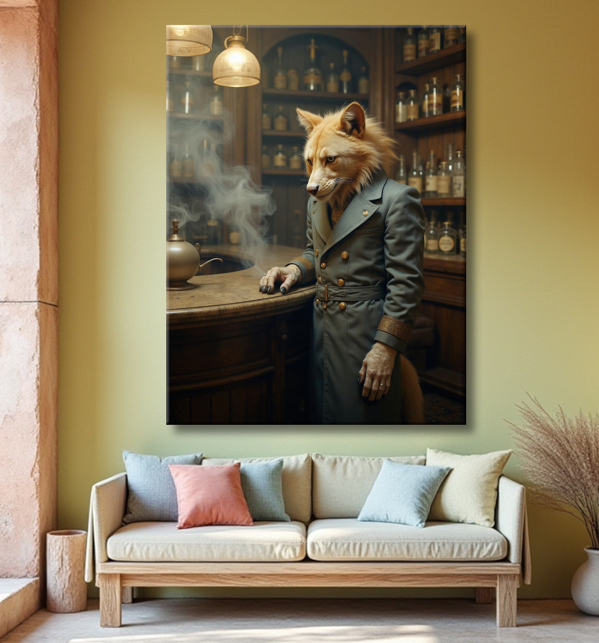 Tableau d'un canidé serveur de bar vintage avec decor