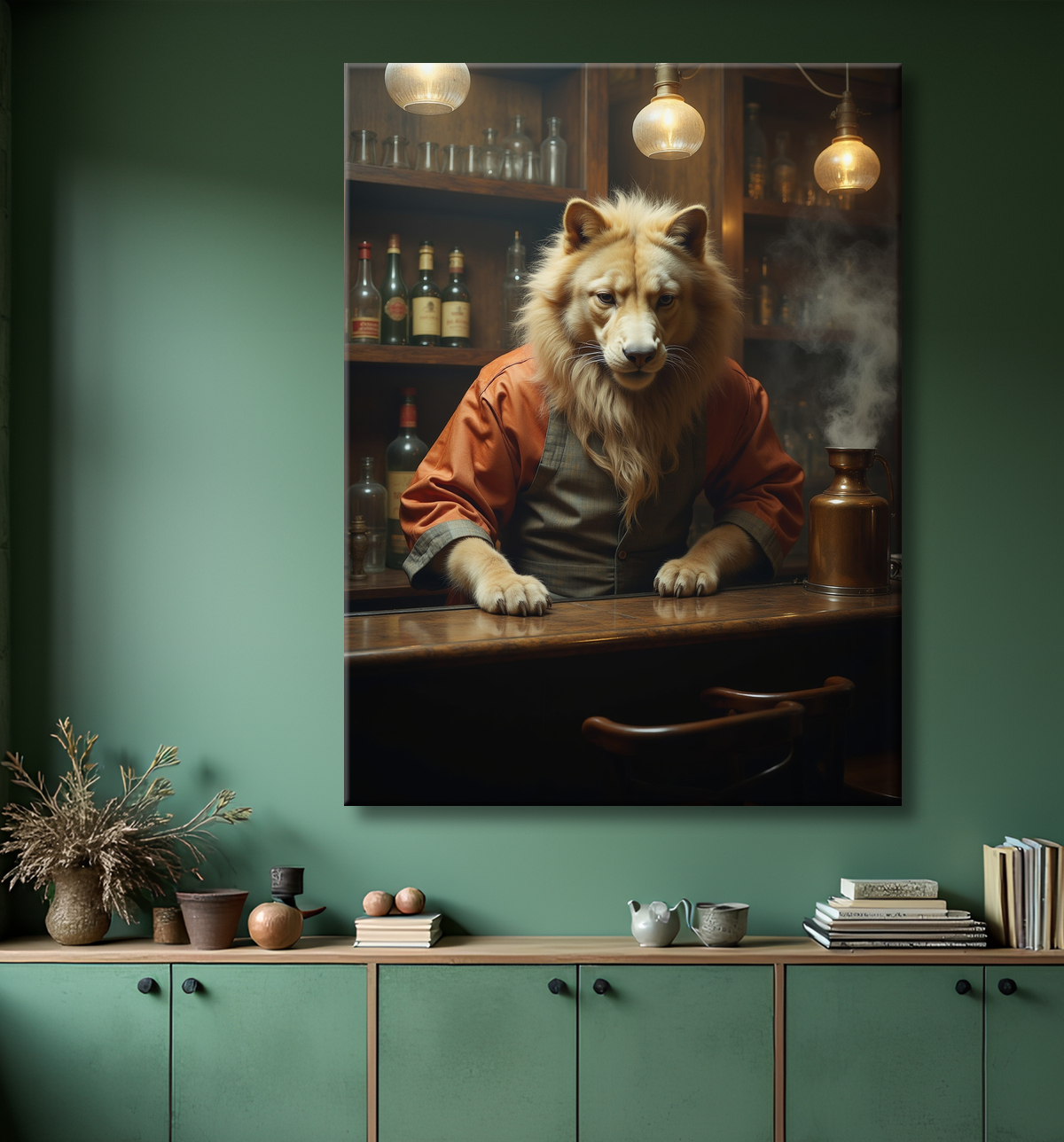 Tableau original représentant un canidé anthropomorphique en serveur de bar vintage. Une œuvre unique et amusante, idéale pour décorer un bar ou un hôtel.