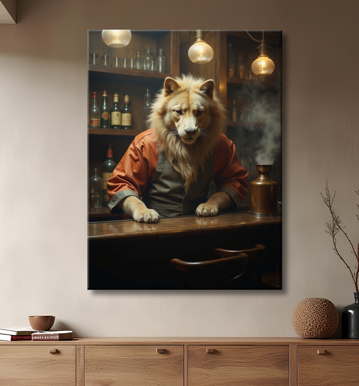 Tableau d'un canidé serveur de bar vintage avec decor