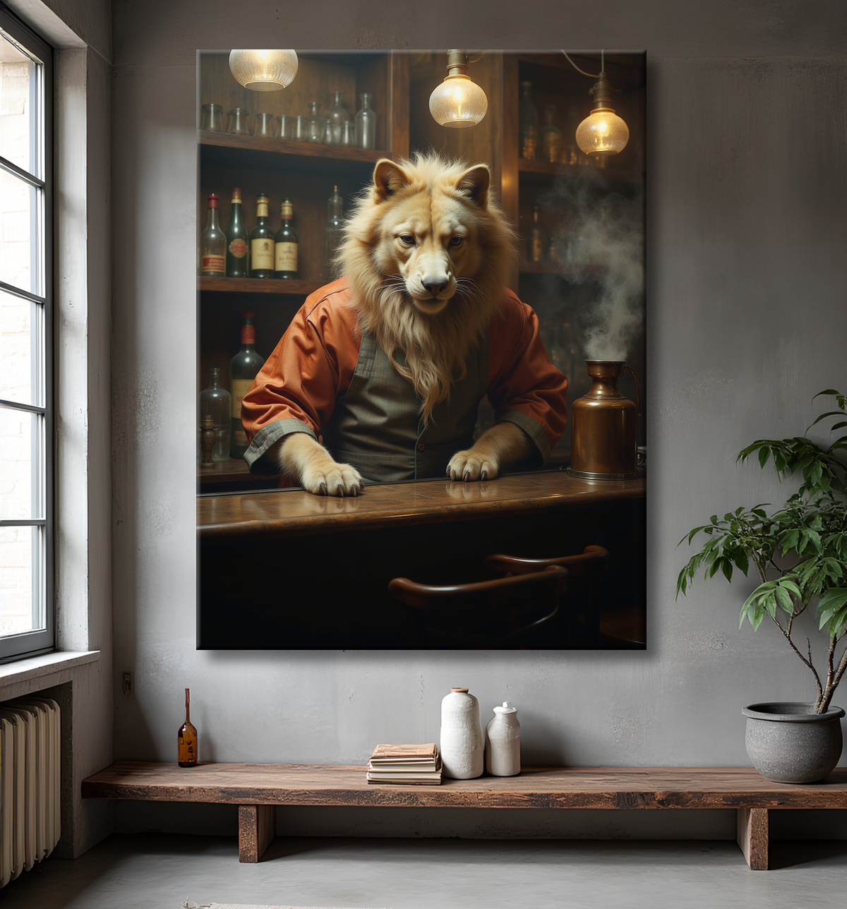 Tableau d'un canidé serveur de bar vintage avec decor