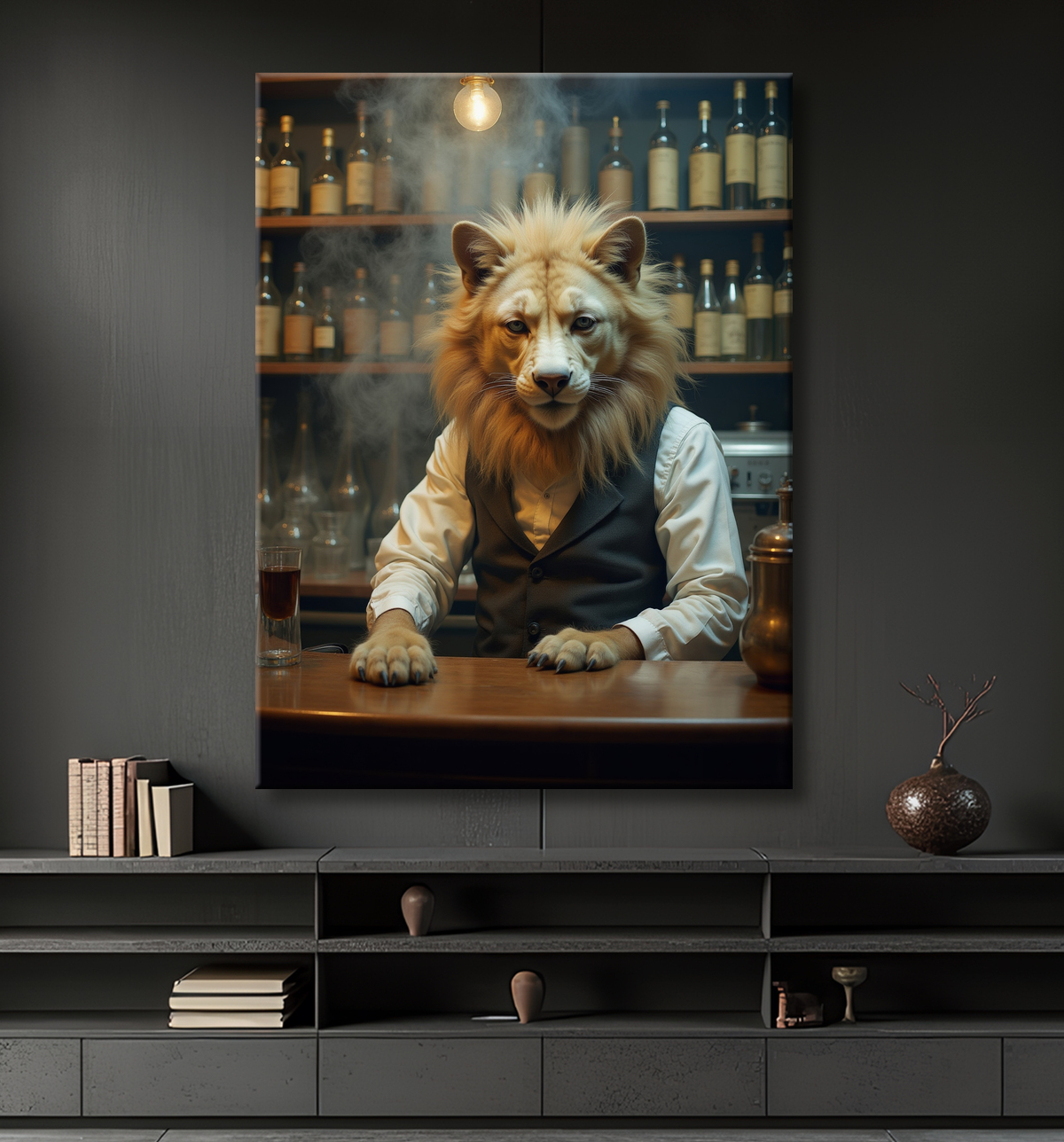 Tableau d'un canidé serveur de bar vintage avec decor