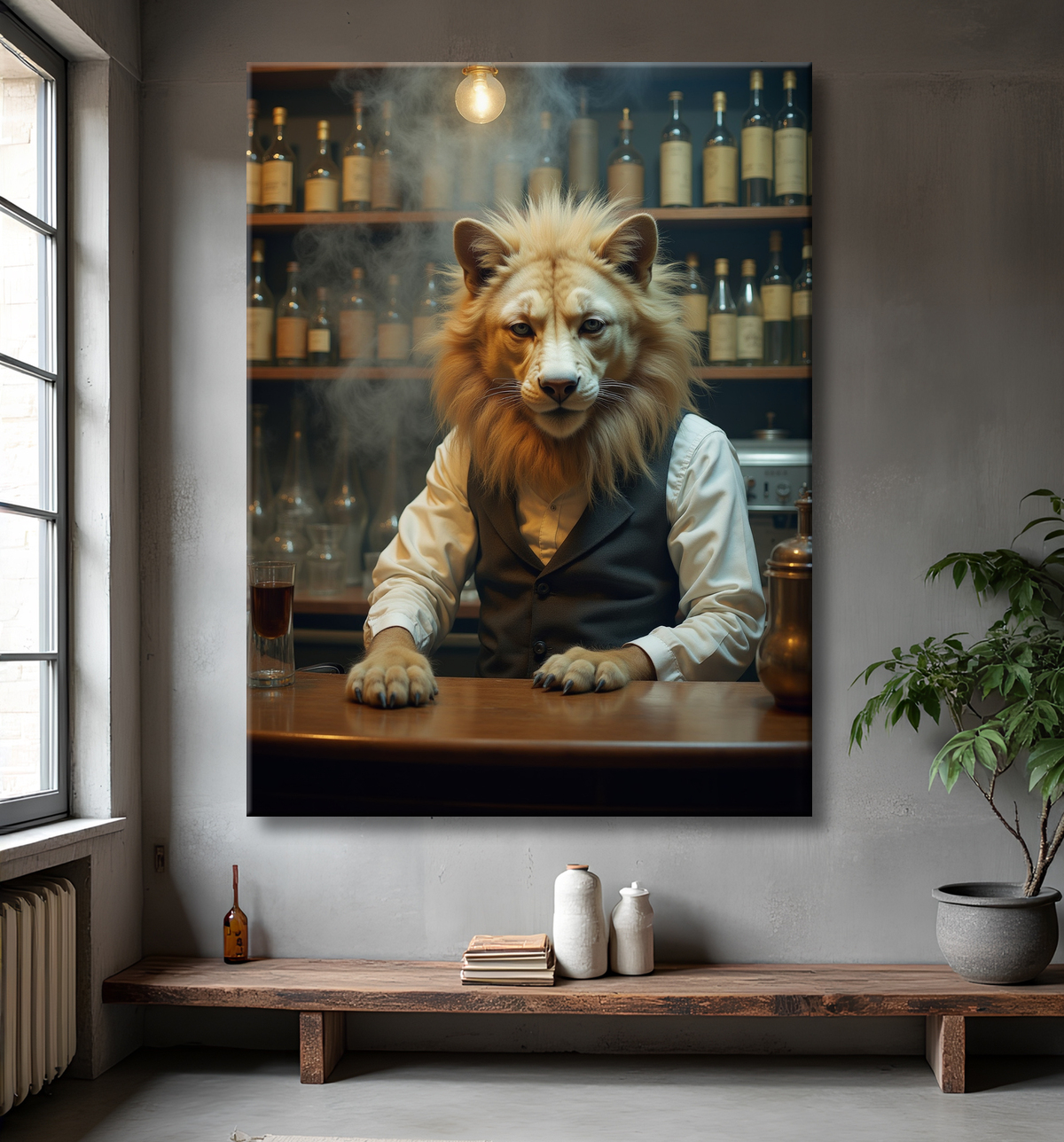 Tableau d'un canidé serveur de bar vintage avec decor