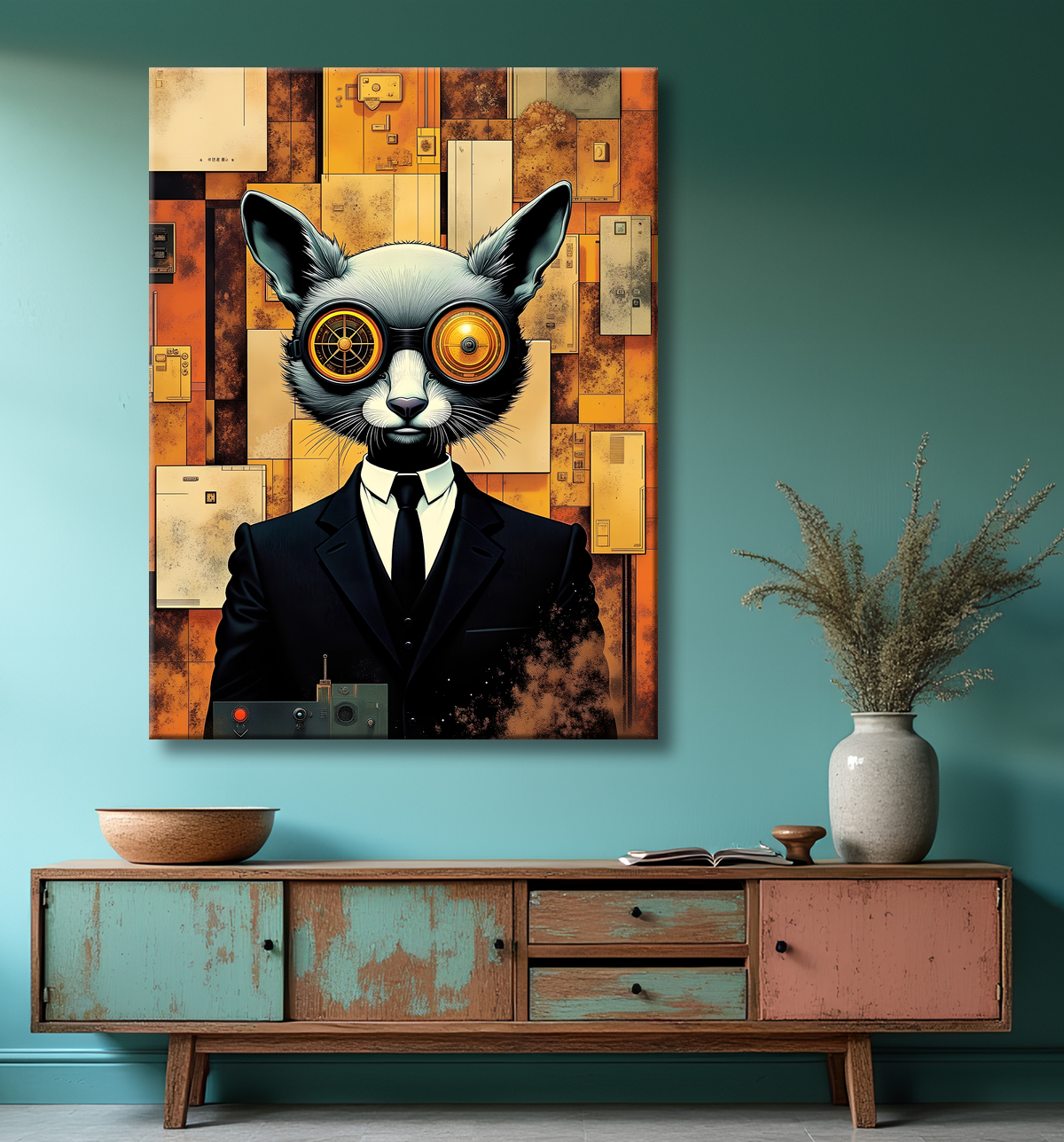 Tableau animal hypnotique rétro - Portrait mystérieux et graphique avec decor