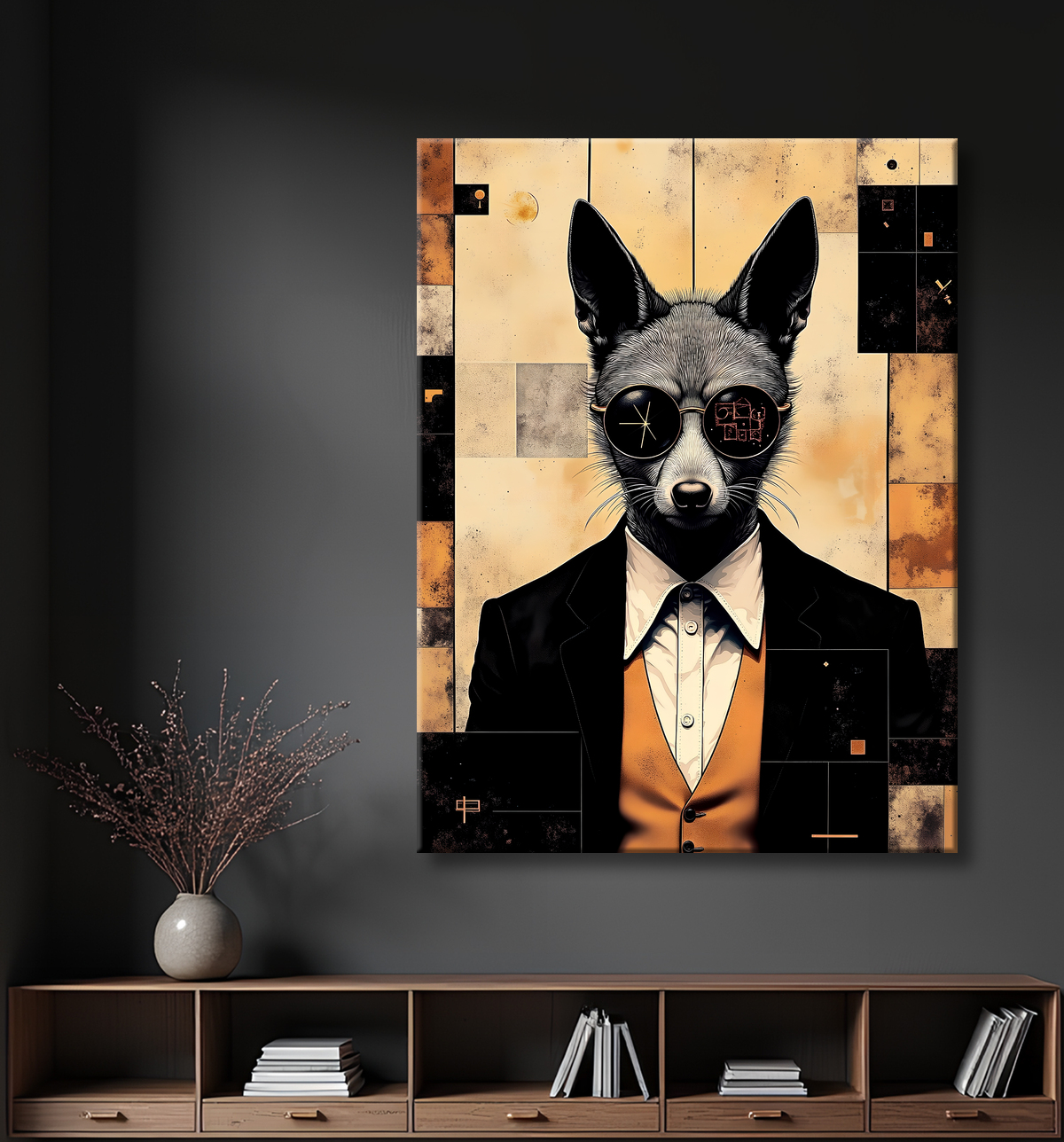 Tableau loup hypnotique - Animal anthropomorphe loufoque sur fond abstrait avec decor