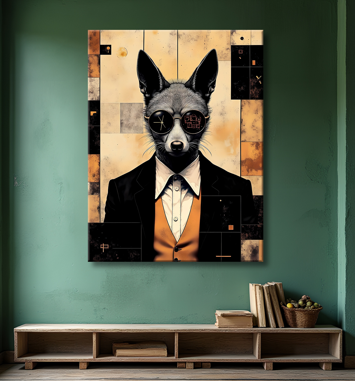 Tableau loup hypnotique - Animal anthropomorphe loufoque sur fond abstrait avec decor