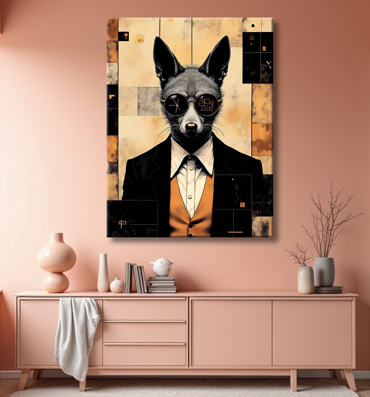 Tableau loup hypnotique - Animal anthropomorphe loufoque sur fond abstrait avec decor